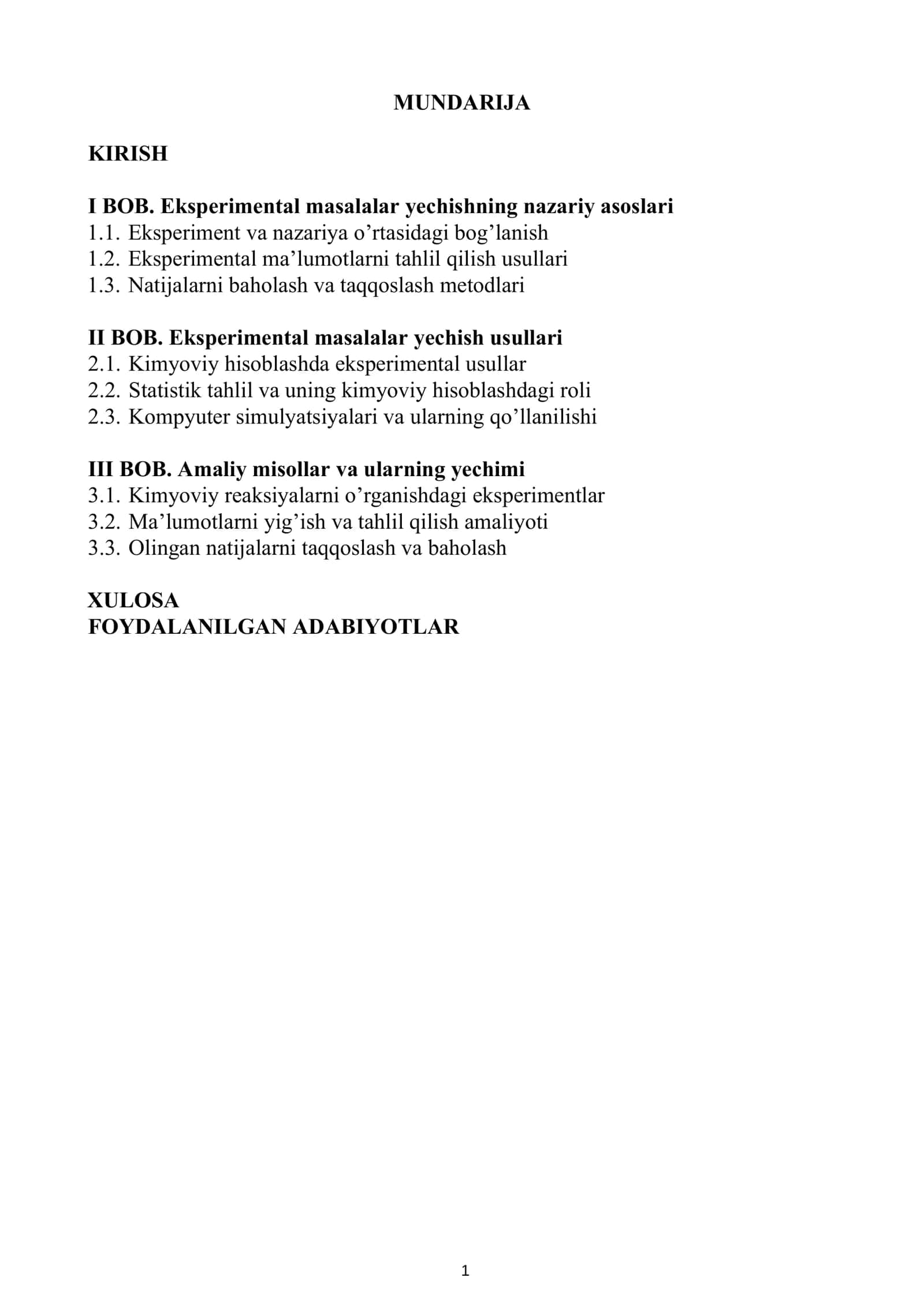 KIMYOVIY HISOBLASH ASOSLARI FANIDAN TAYYORLAGAN KURS ISHI 2