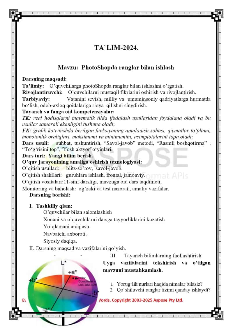 INFORMATIKA OCHIQ DARS.“PHOTO SHOPDA RANGLAR BILAN ISHLASH. 2