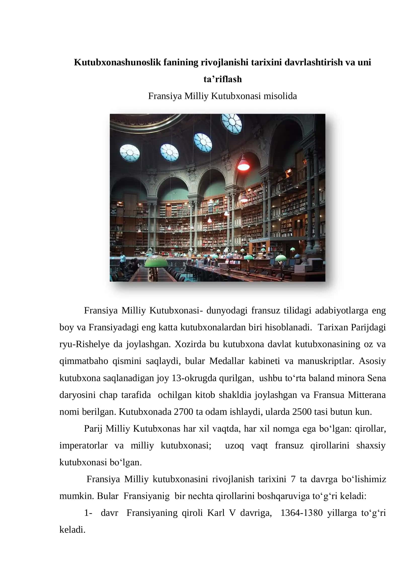 Kutubxonashunoslik fanining rivojlanishi tarixini davrlashtirish va uni ta‟riflash 2