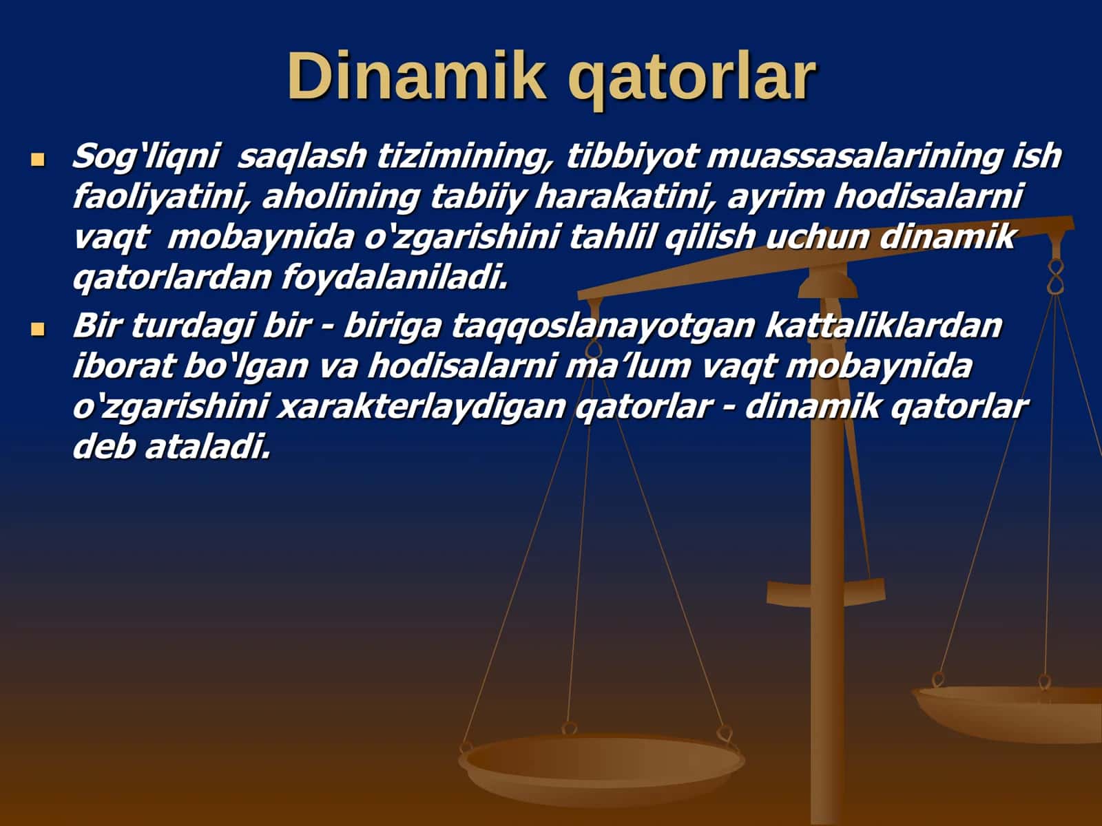 Dinamik qatorlar, tiplari, ko`rsatgichlari, ulardan statistik tahlillarda foydalanish 2