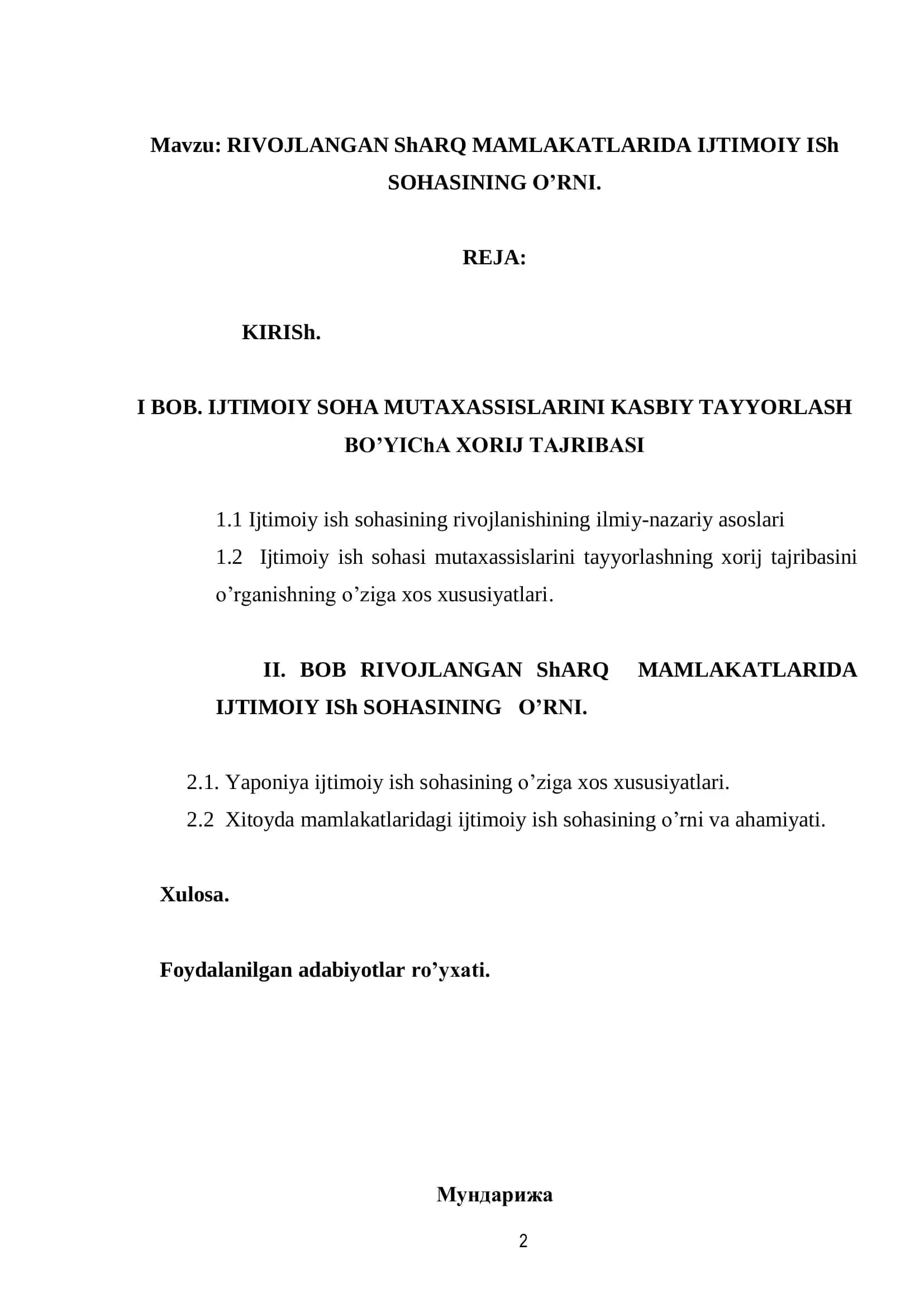 RIVOJLANGAN ShARQ MAMLAKATLARIDA IJTIMOIY ISh SOHASINING O’RNI 2