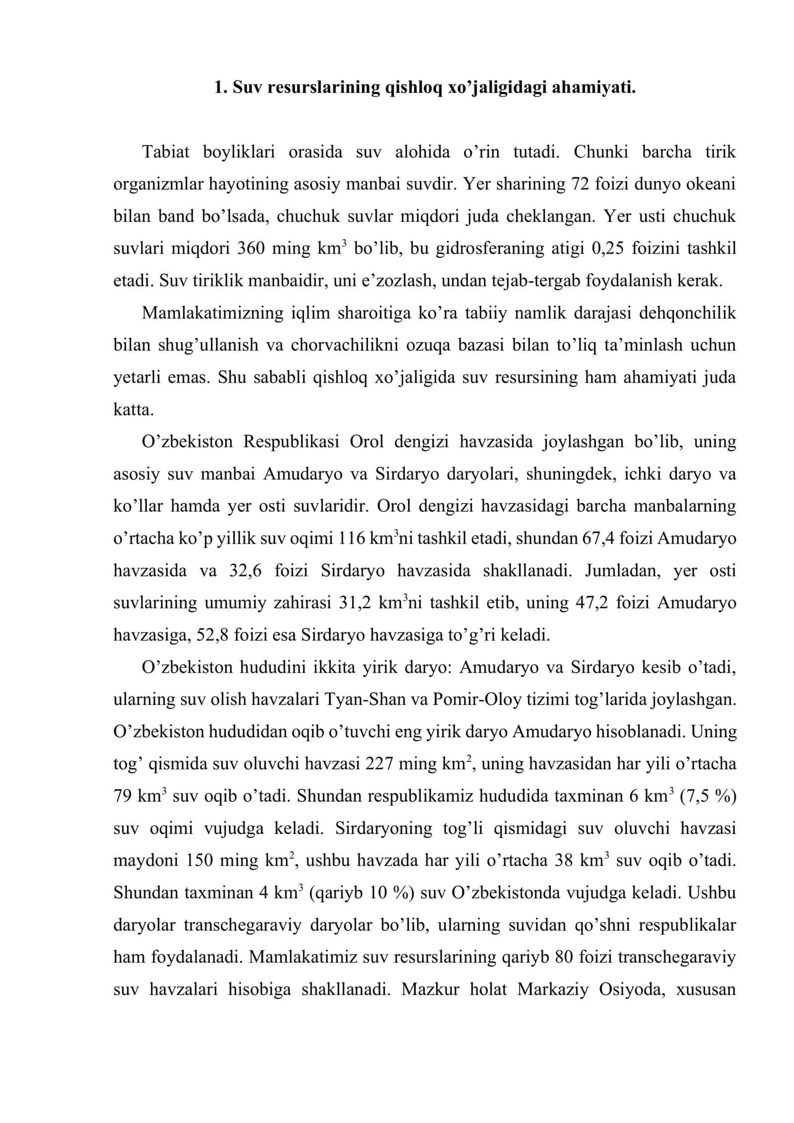 Qishloq xo’jaligida suv resurslari va ulardan foydalanish samaradorligi 2