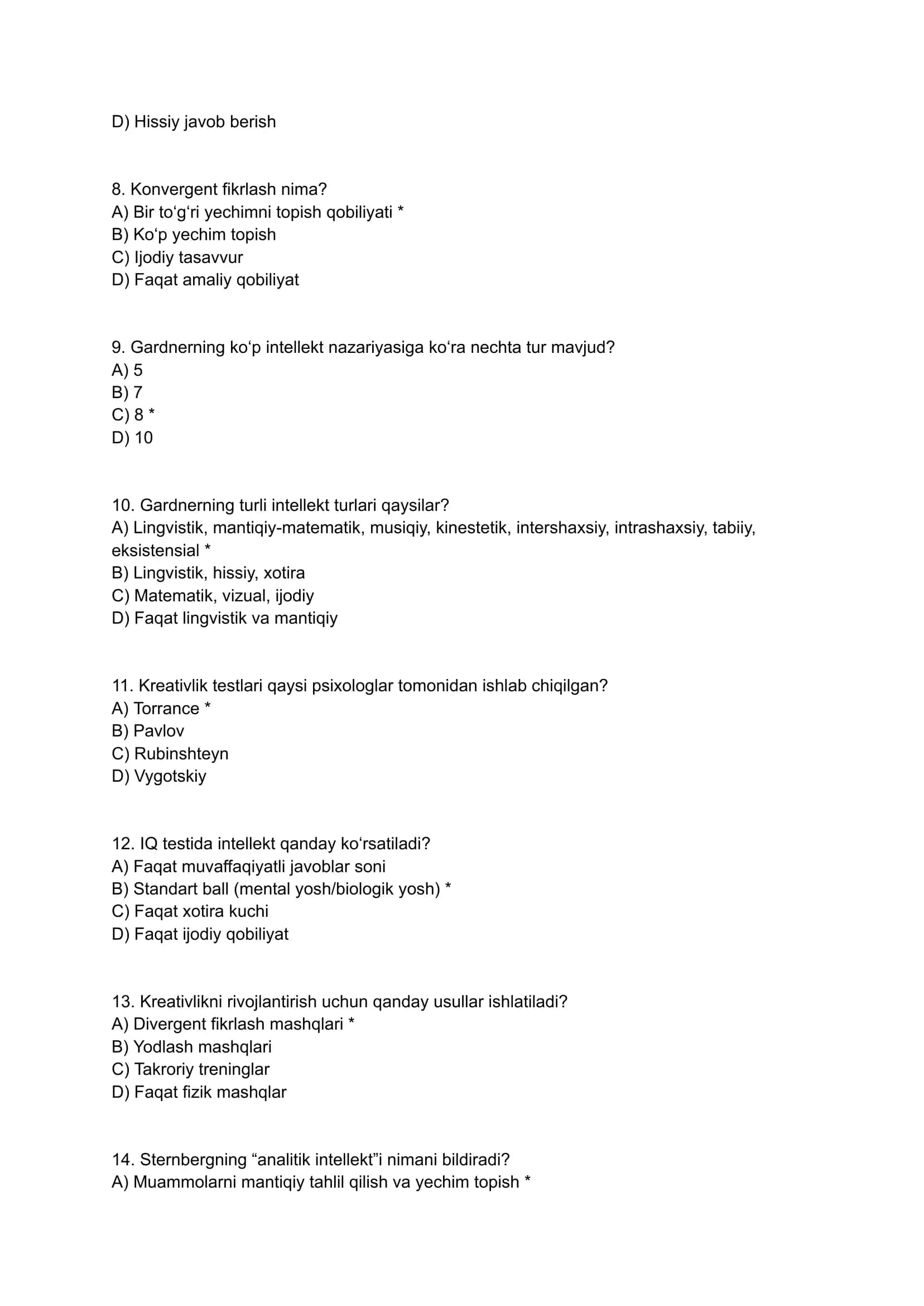 INTELLEKT VA KREATIVLIK NAZARIYALARI – TESTLAR 2