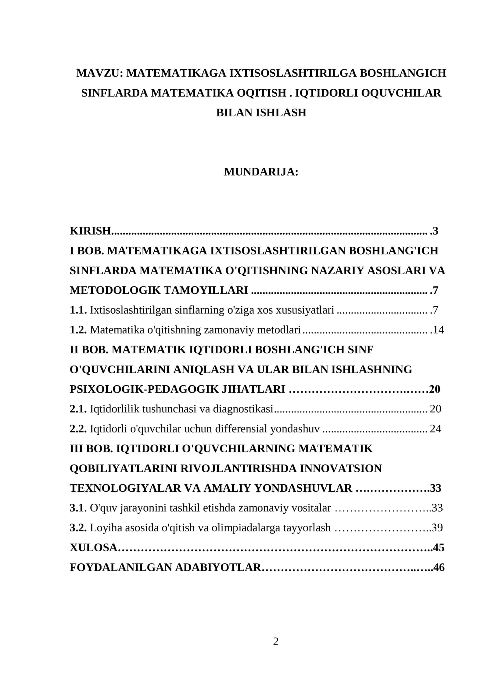 MATEMATIKAGA IXTISOSLASHTIRILGA BOSHLANGICH SINFLARDA MATEMATIKA O'QITISH. IQTIDORLI O'QUVCHILAR BILAN ISHLASH 2