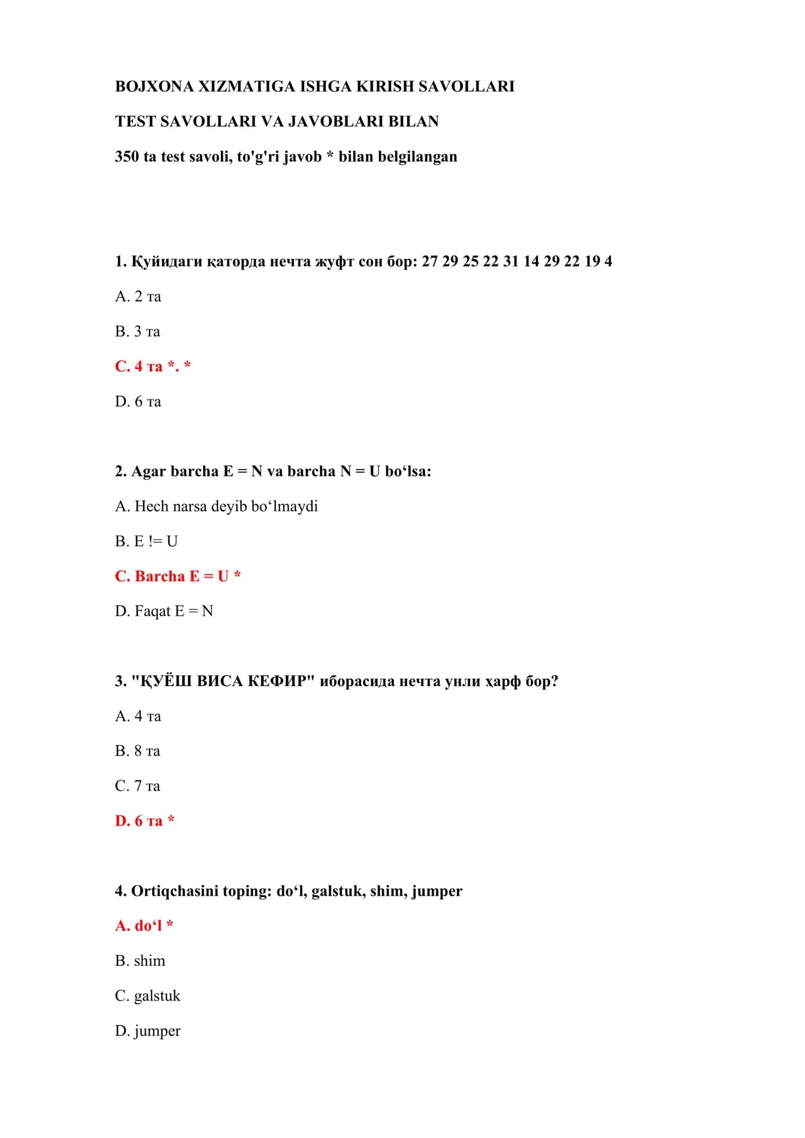 TEST SAVOLLARI VA JAVOBLARI BILAN 2