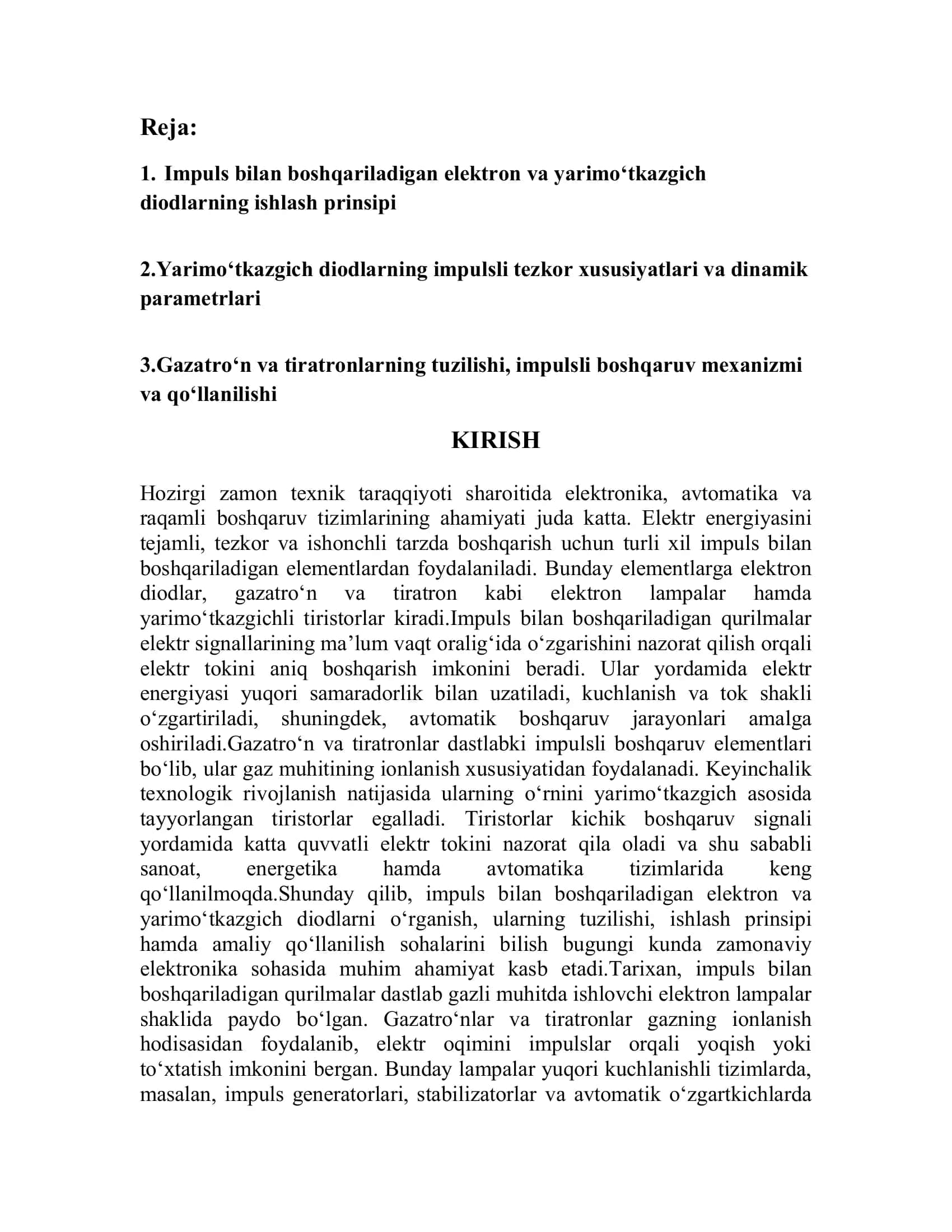 IMPULS BILAN BOSHQARILADIGAN ELEKTRON VA YARIM O’TKAZGICH DIODLAR. GAZATRON , TIRATRON, TIRISTOR. 2