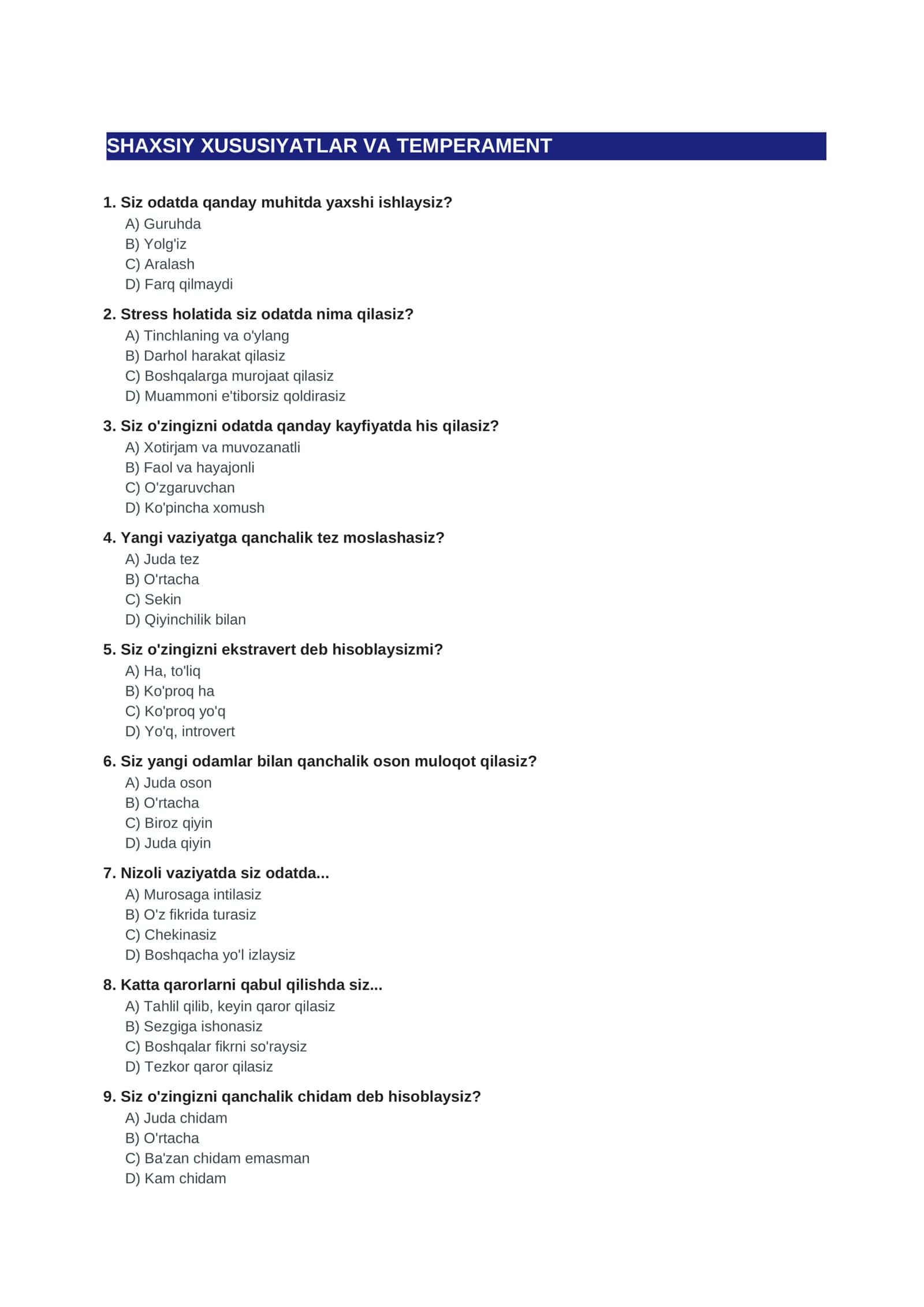 Ichki ishlarga kirishmoqchi bo'lganlar uchun 1000 ta psixologik test savol javoblari 2