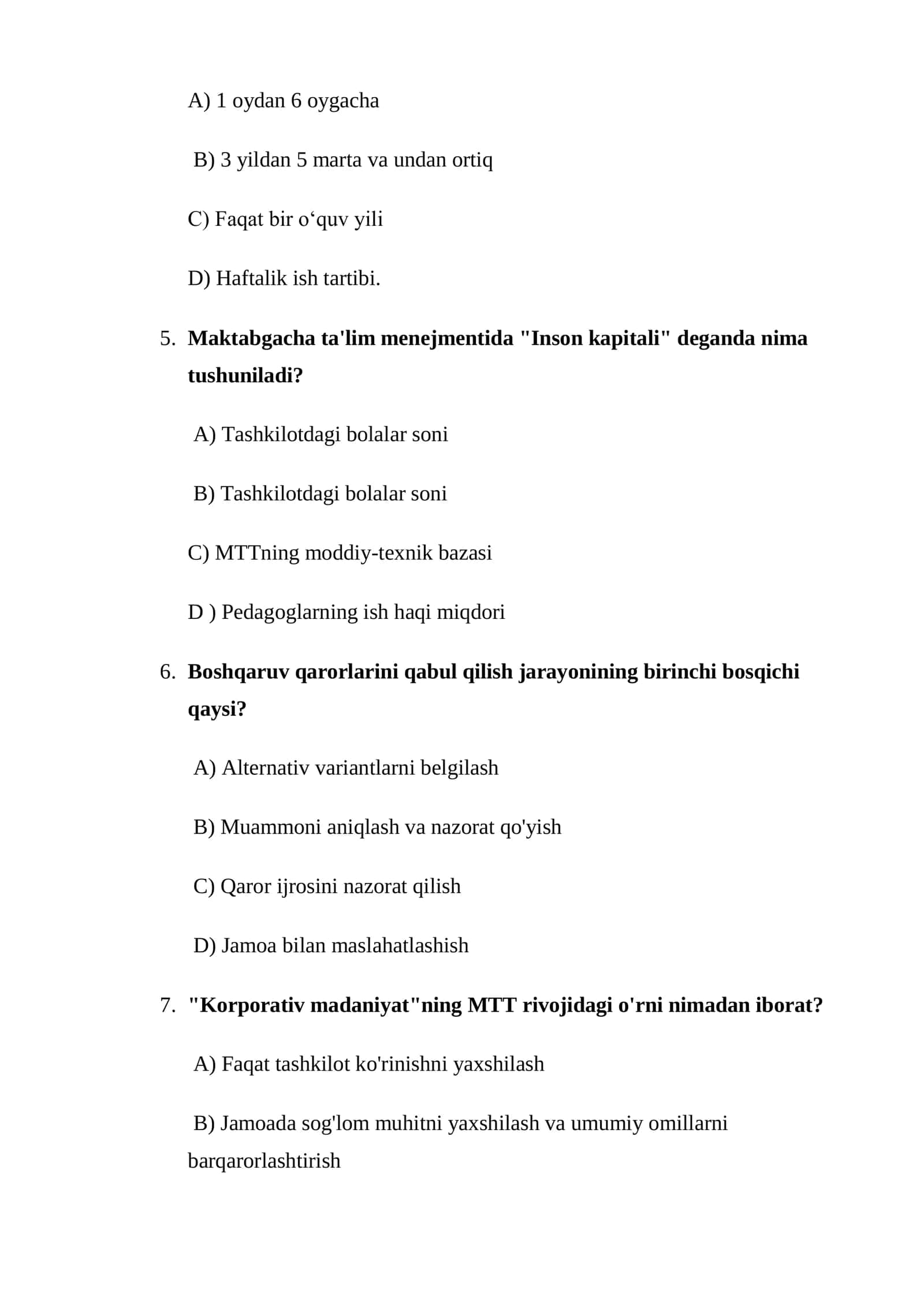 Maktabgacha ta'limda menejment fanidan test savollari 2