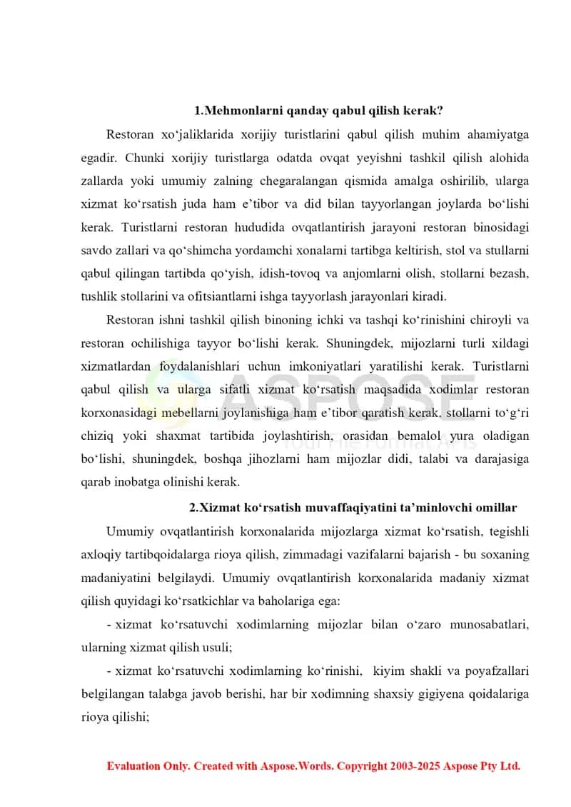 RESTORANLARDA MEHMONLARNI QABUL QILISHGA BO‘LGAN TALABLAR. RESTORANLARDAGI SERVIS XIZMATCHILARI 2