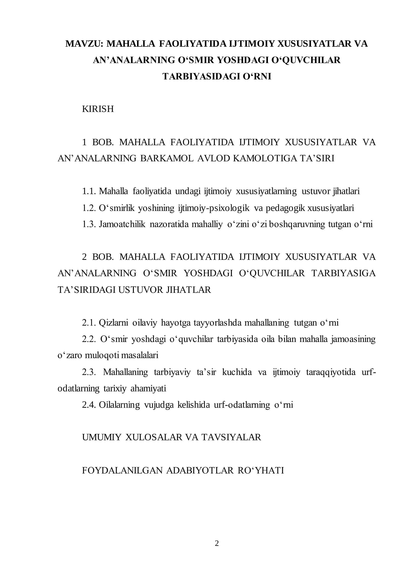 MAHALLA FAOLIYATIDA IJTIMOIY XUSUSIYATLAR VA AN‟ANALARNING O„SMIR YOSHDAGI O„QUVCHILAR TARBIYASIDAGI O„RNI 2