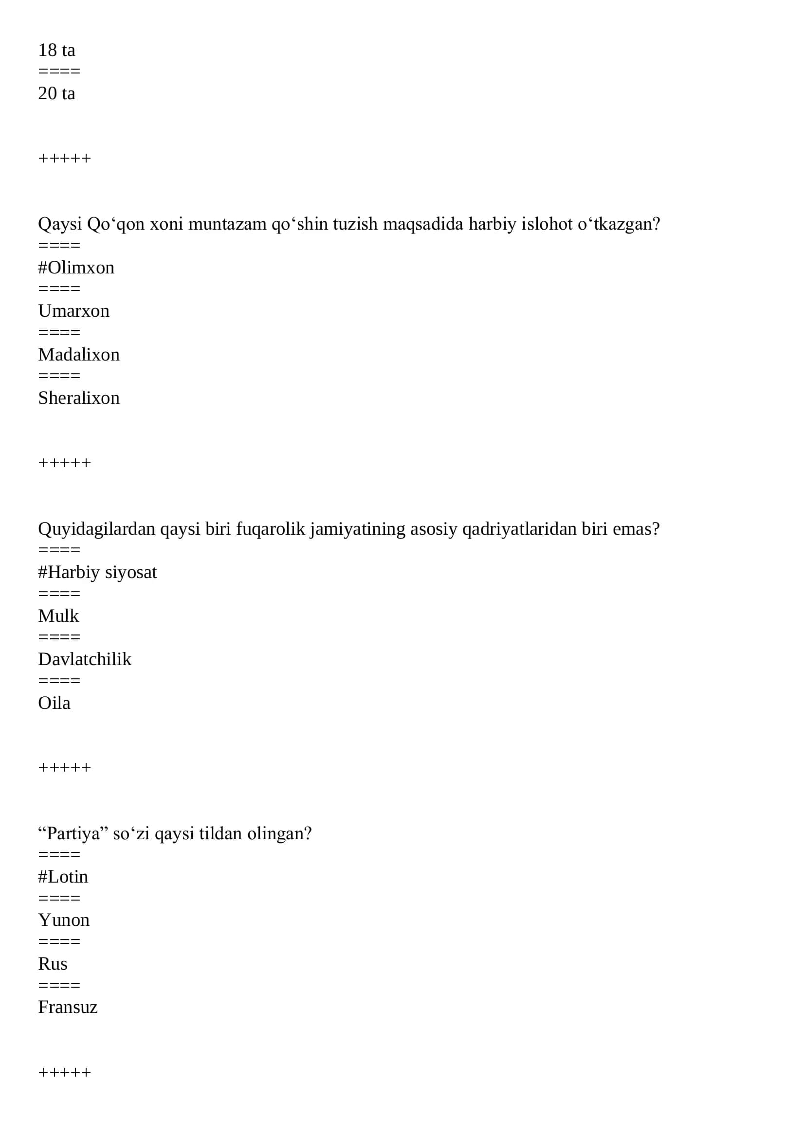 TEST O‘zbekistonning eng yangi tarixi 2