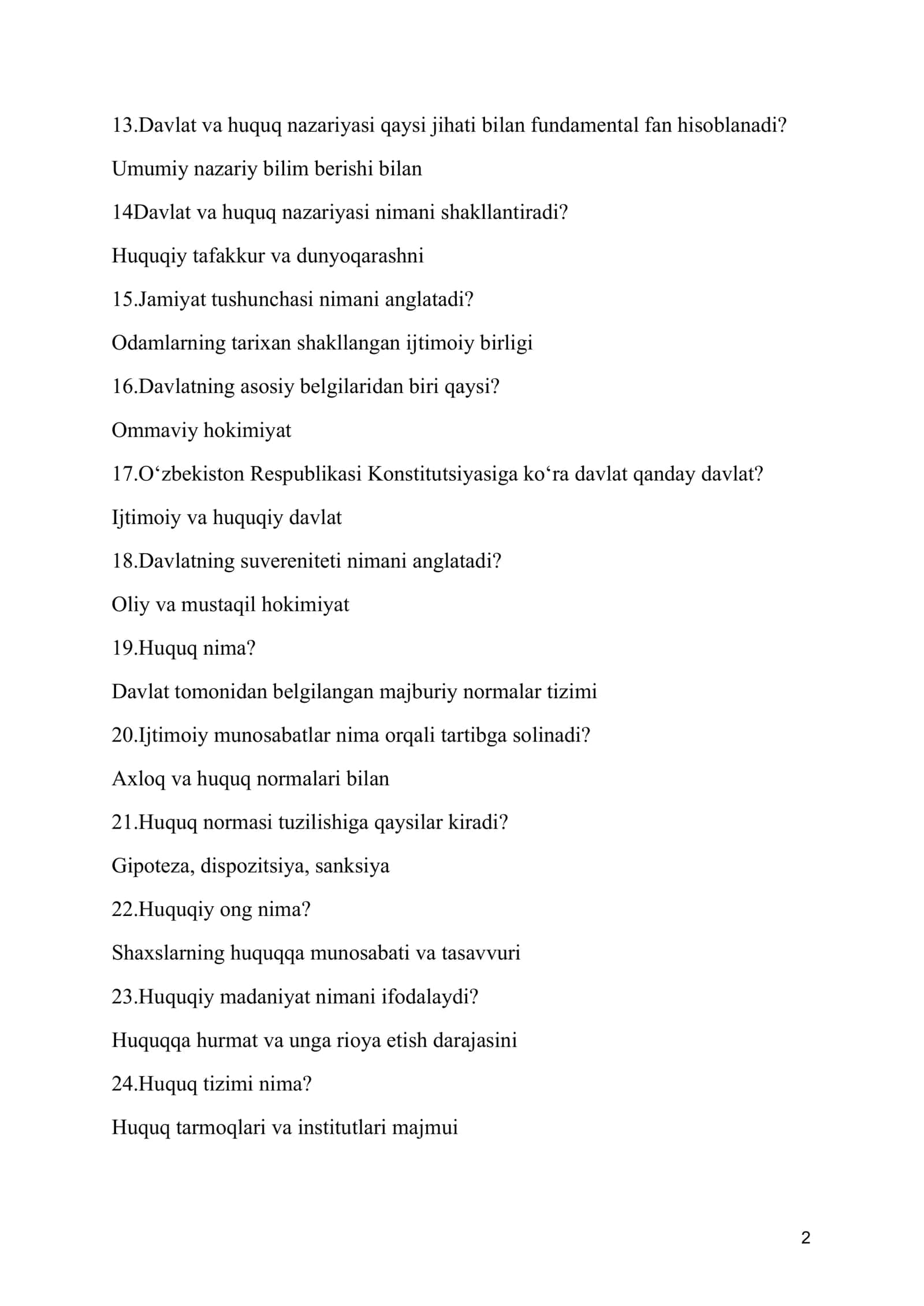 Huquq nazariyasi fanining asosiy savol va javoblar to'plami 2