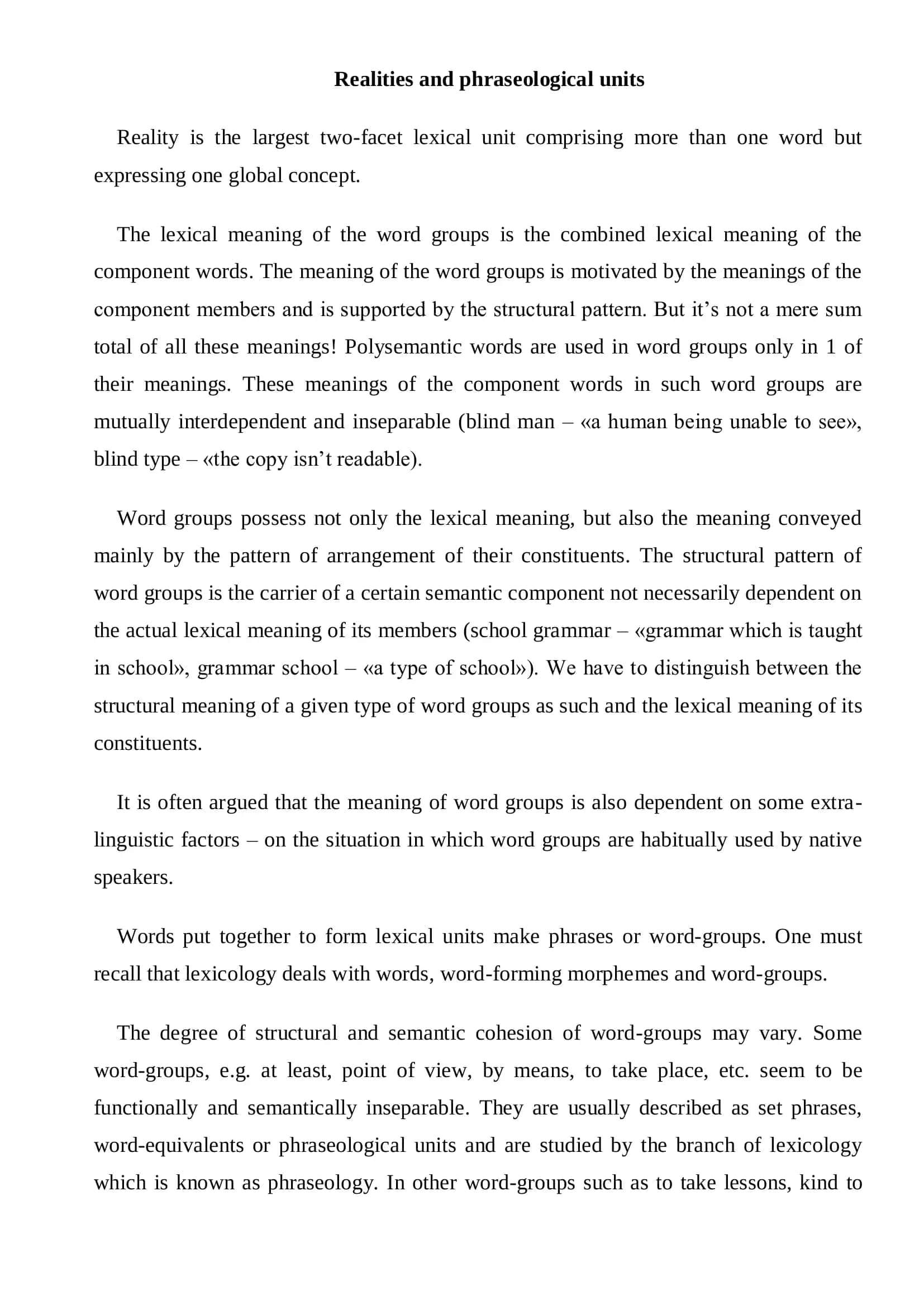 SYNOPSIS on the theme: ”Phraseological units which have realities in their translation” 2