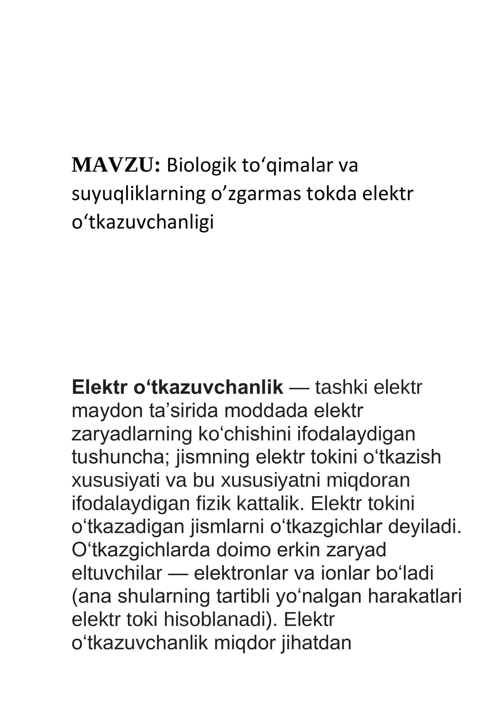 Biologik to‘qimalar va suyuqliklarning o‘zgarmas tokda elektr o‘tkazuvchanligi 2