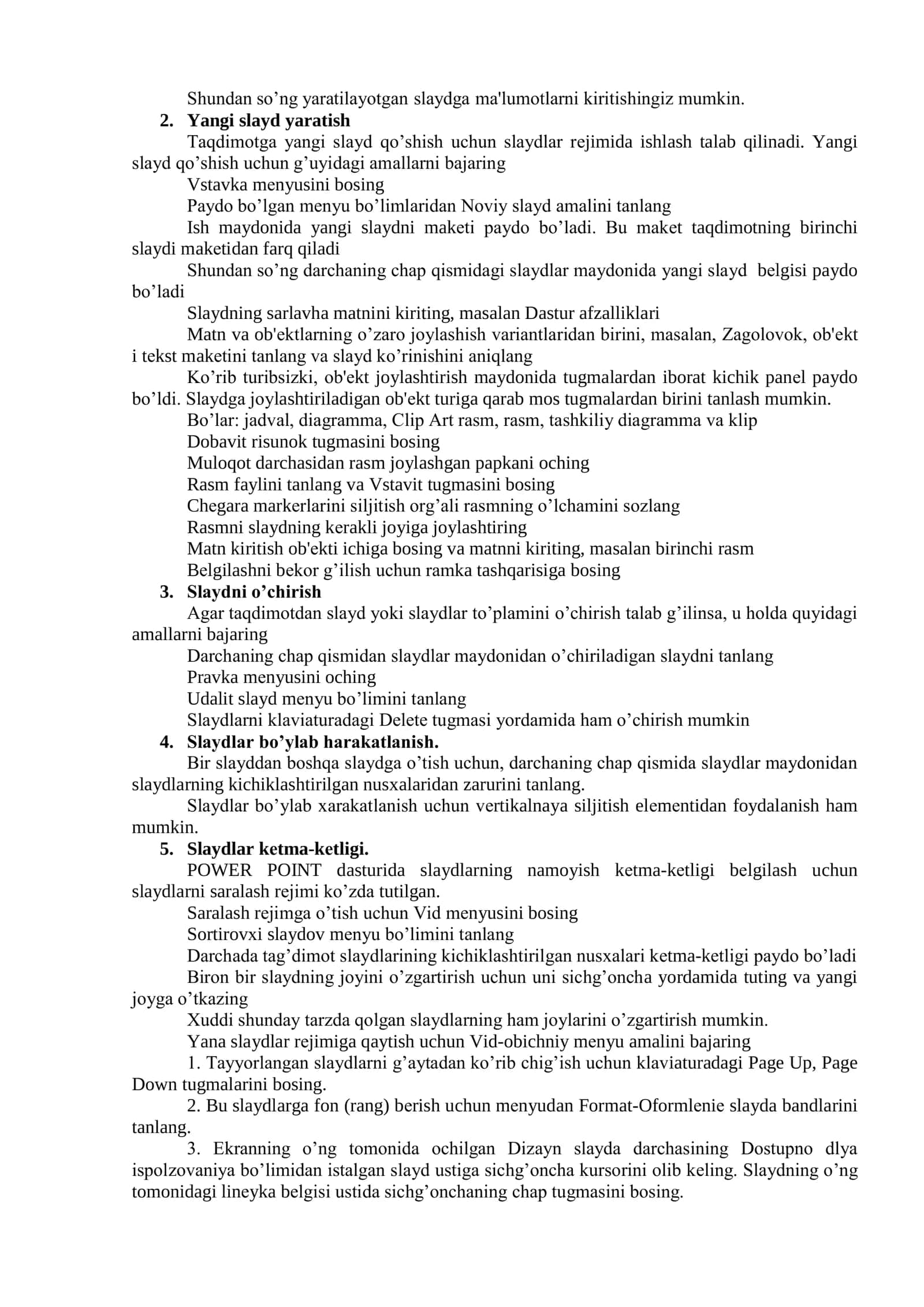 MS Power Point ning dasturiy ta’minoti va uning imkoniyatlari. Prezentasiya tayorlash usullari va ularga qo’yiladigan talablar 2