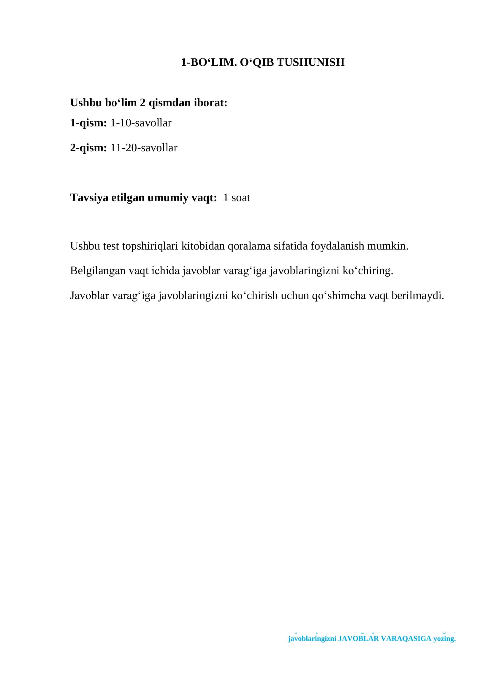 Ona tili Test Topshiriqlari Kitobi 2