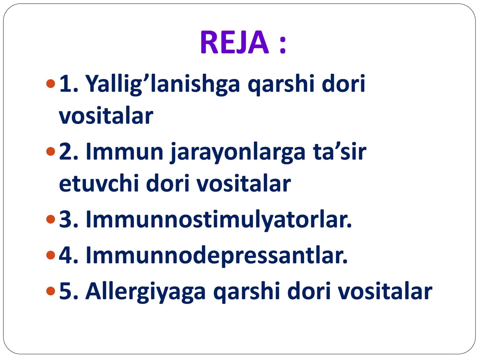 YALLIG’LANISHGA QARSHI VOSITALAR. IMMUNITETGA TA’SIR ETUVCHI VOSITALAR. ALLERGIYAGA QARSHI VOSITALAR 2