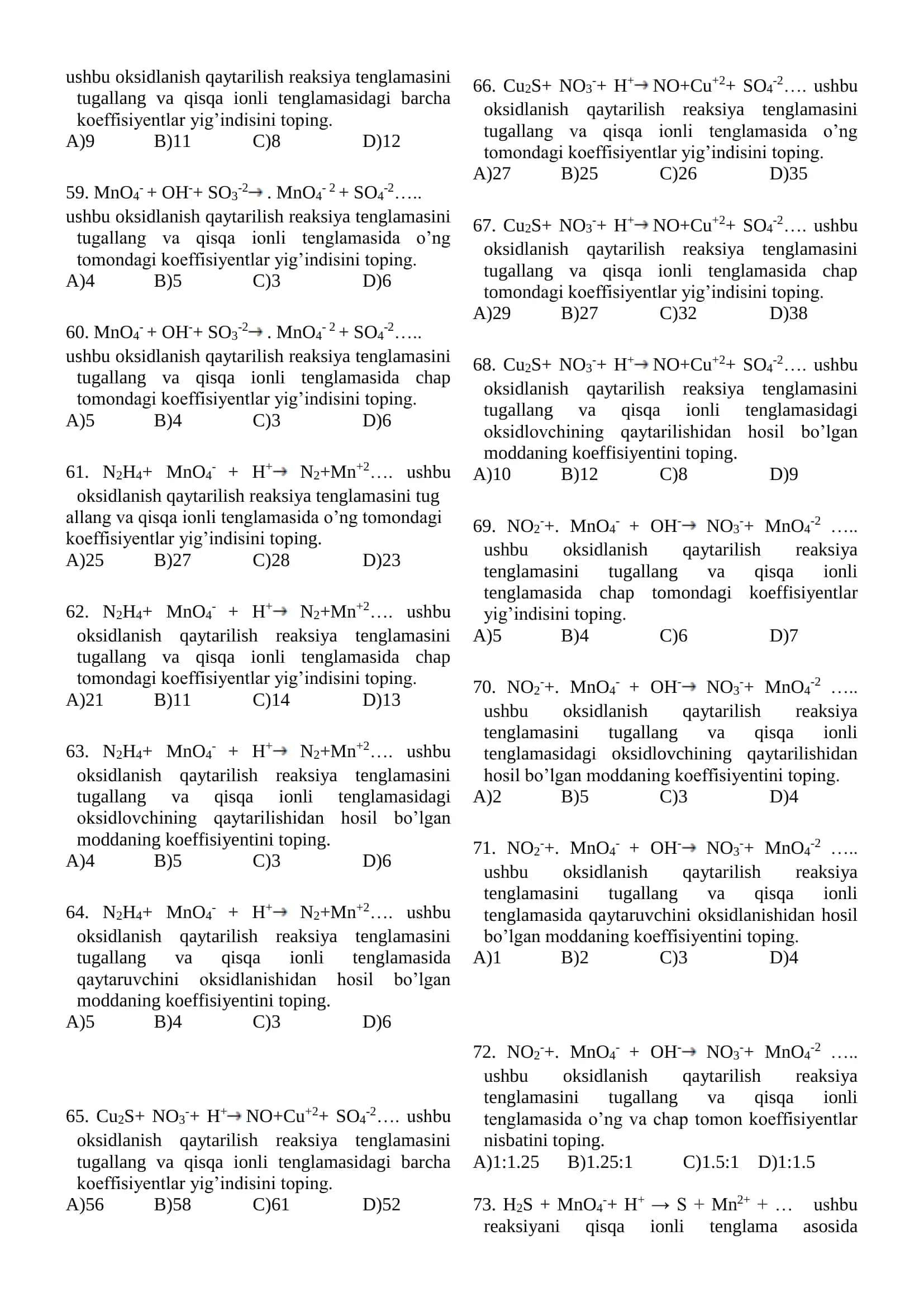 Oksidlanish va qaytarilish reaksiyalari testlar 2