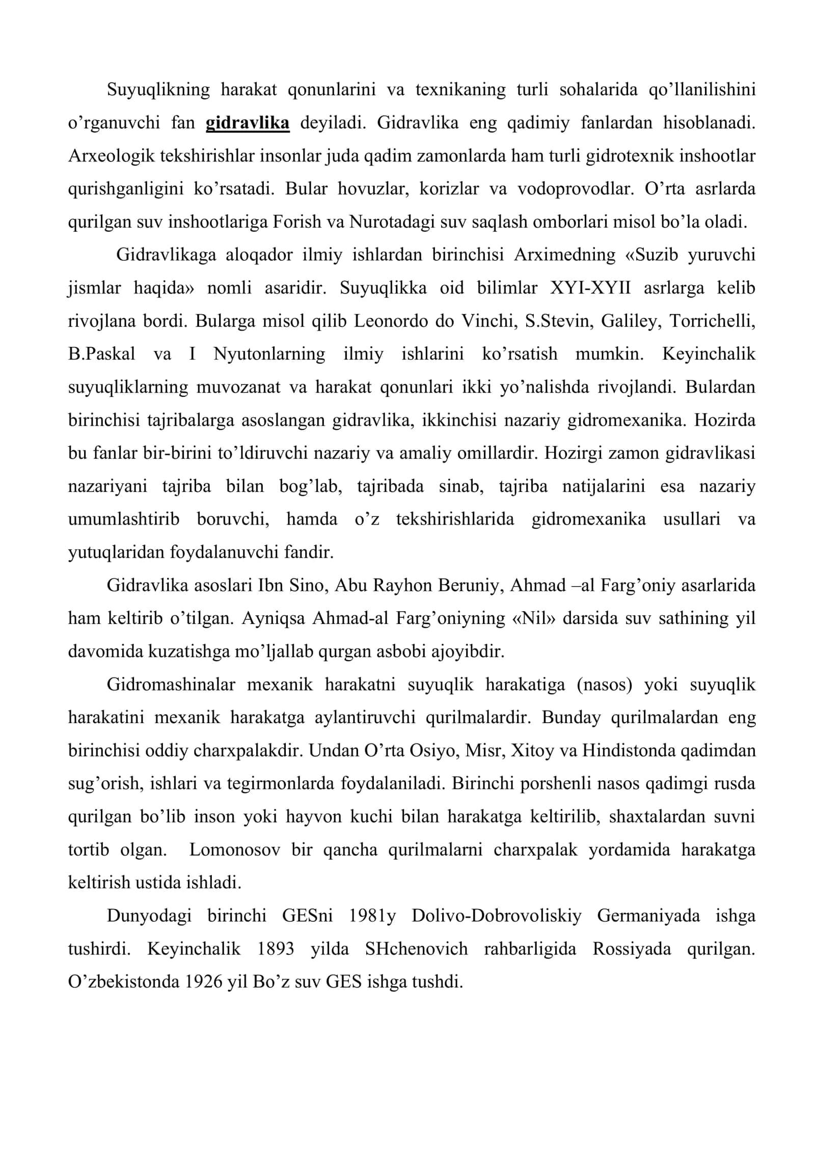Gidravlika fanining tarixi va taraqqiyoti, rivojlanish istiqbollari 2