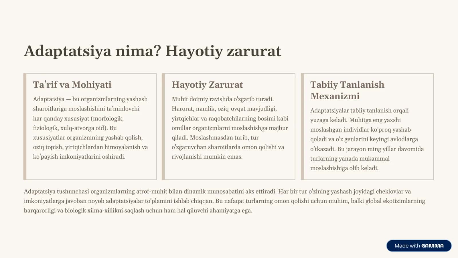 Tirik organizmlarning muhitga moslanishi: Umumiy tushunchalar 2