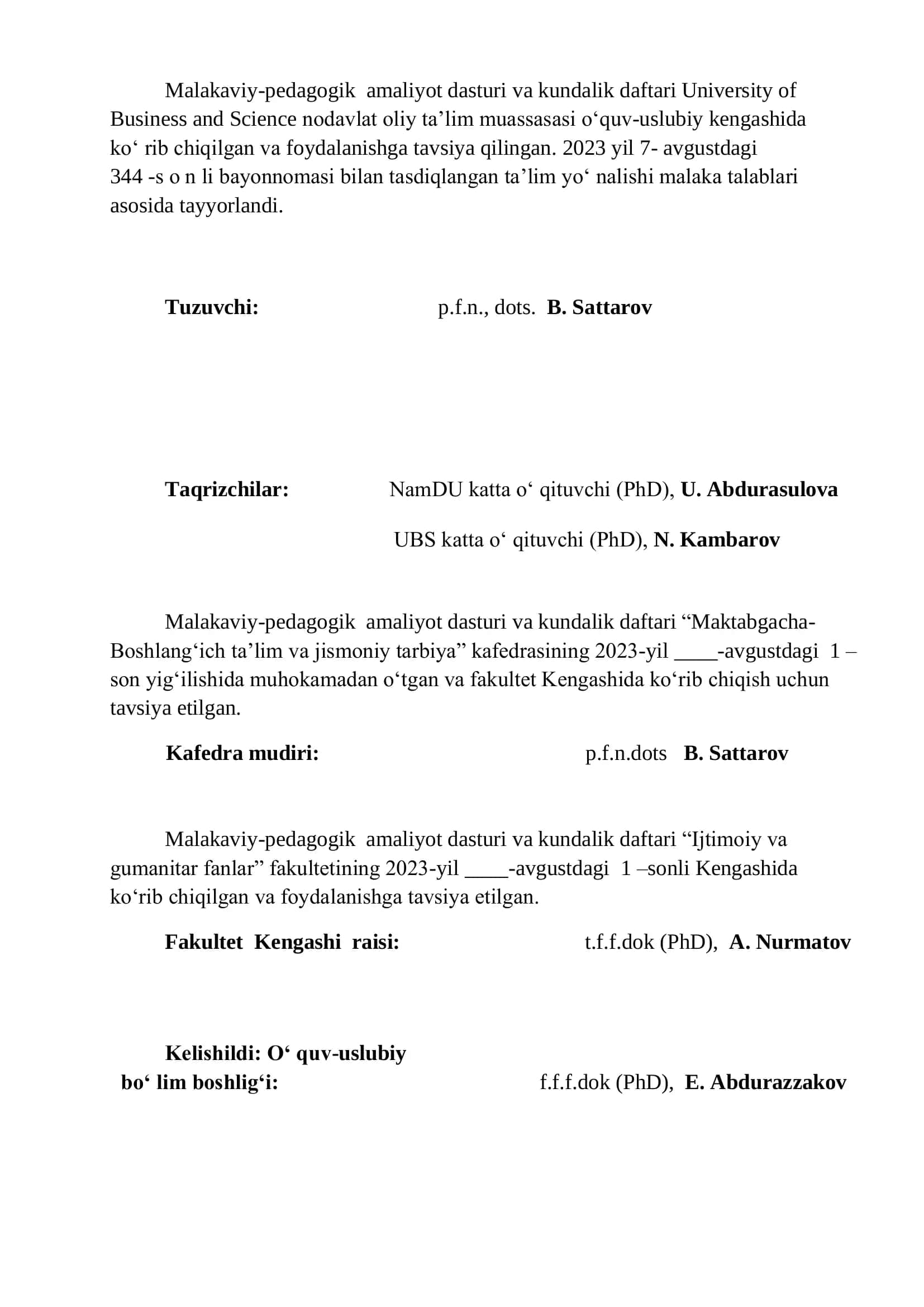 MALAKAVIY-PEDAGOGIK AMALIYOT DASTURI VA KUNDALIGI 2