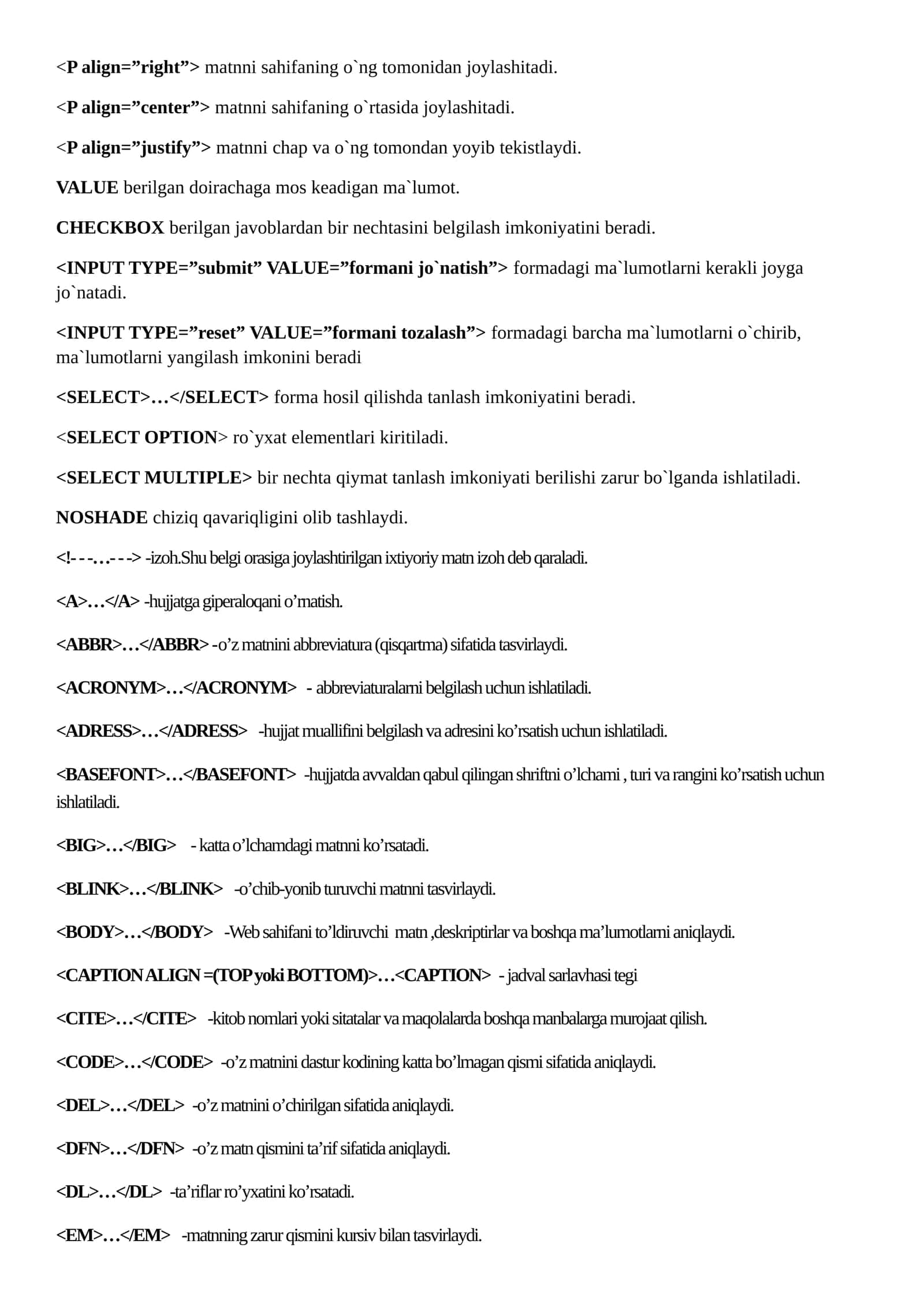 HTML tilining teglari 2