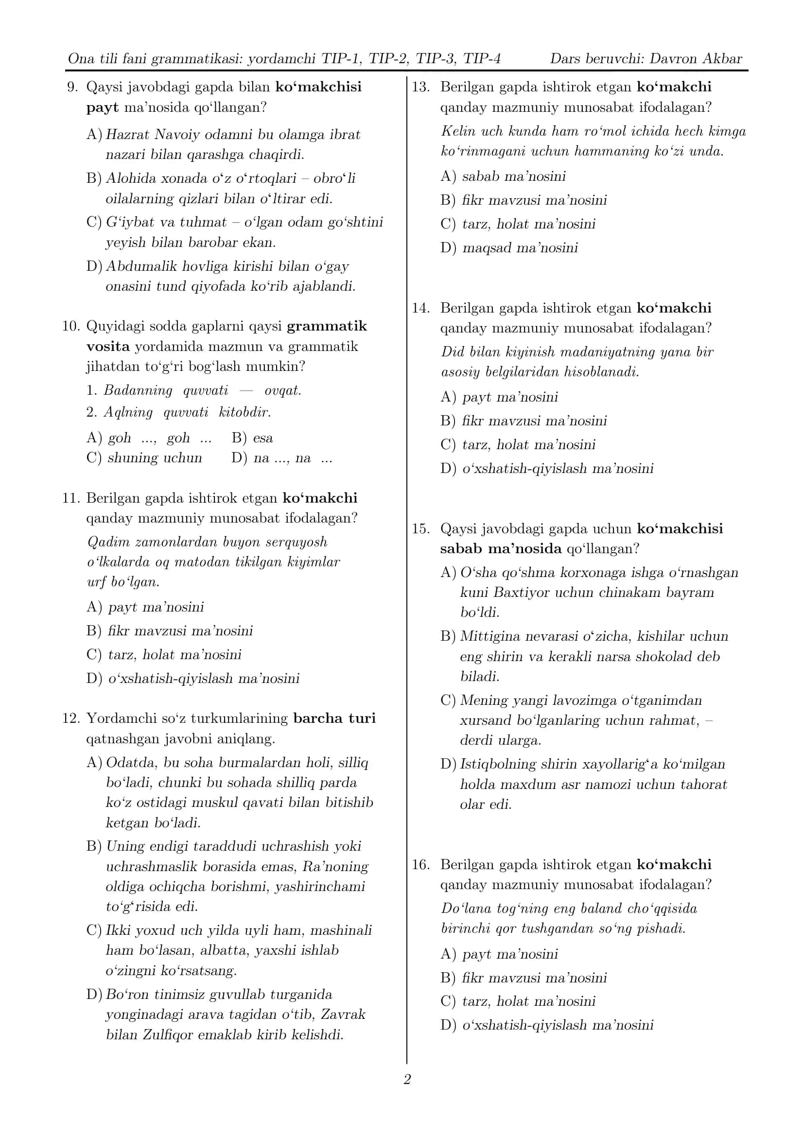 Ona tili fani grammatikasi - Avgust imtihoni yordamchilar 2