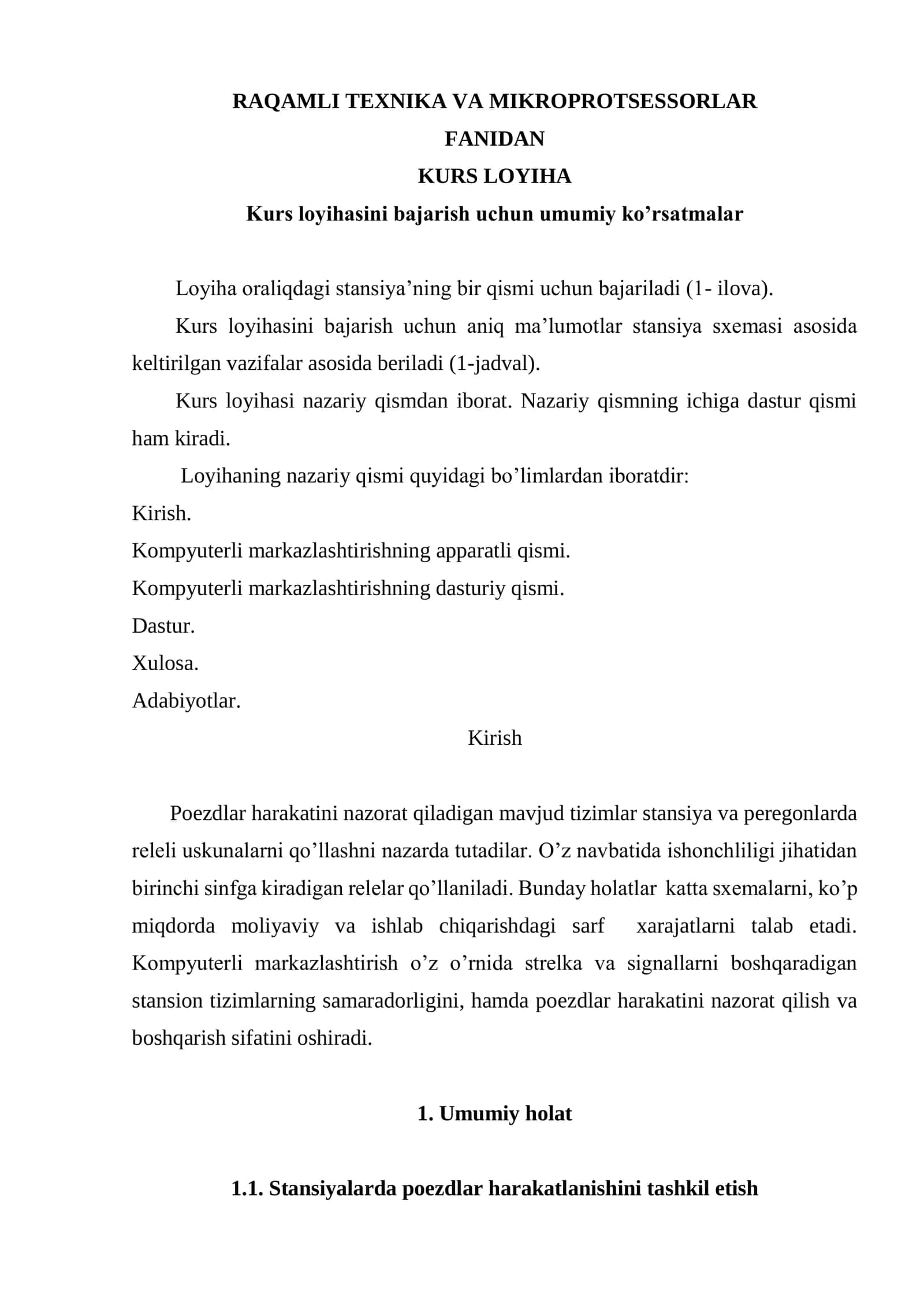 RAQAMLI TEXNIKA VA MIKROPROTSESSORLAR FANI KURS LOYIHA 2