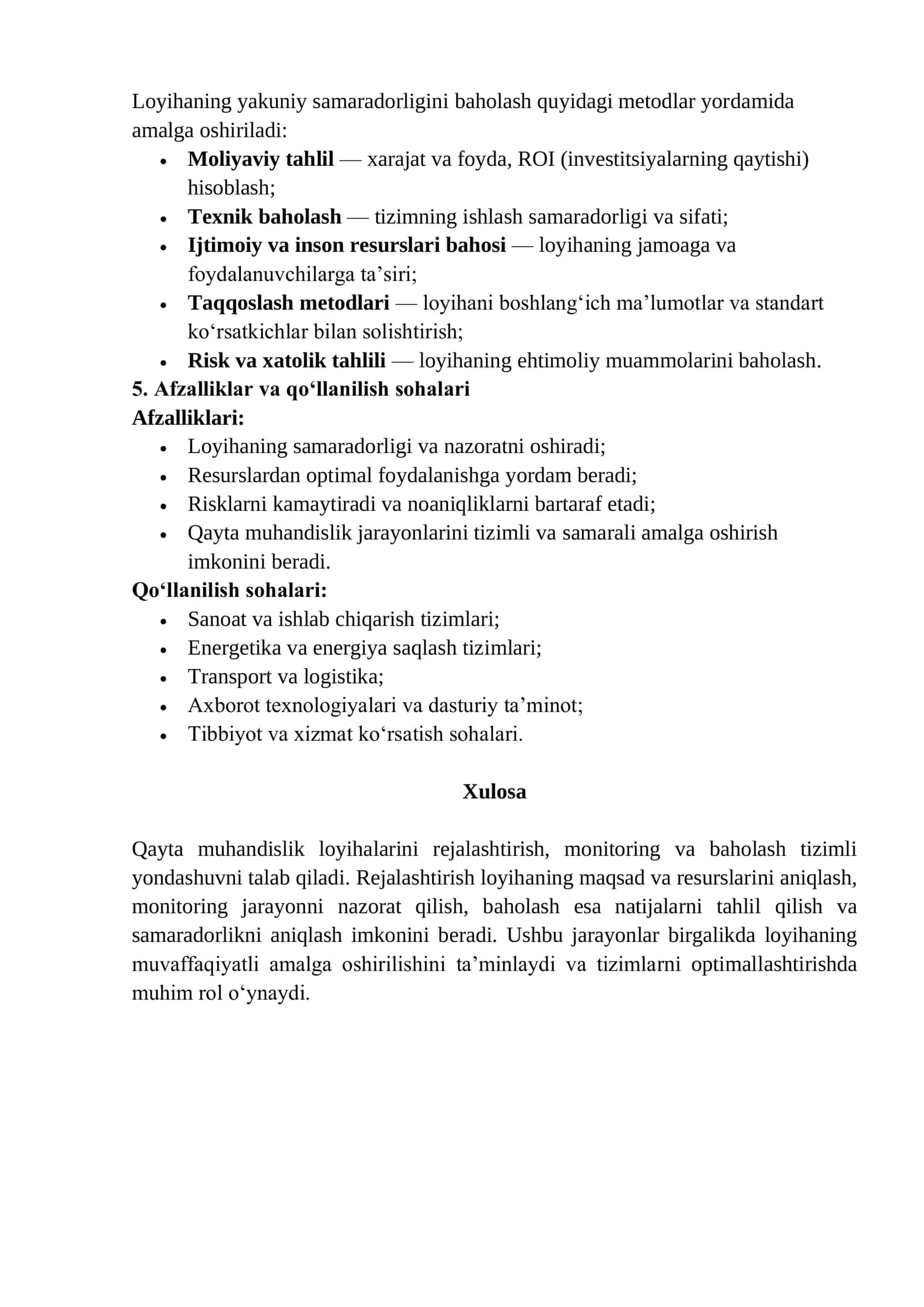 Qayta muhandislik loyihalarini rejalashtirish, monitoring va baholash 2