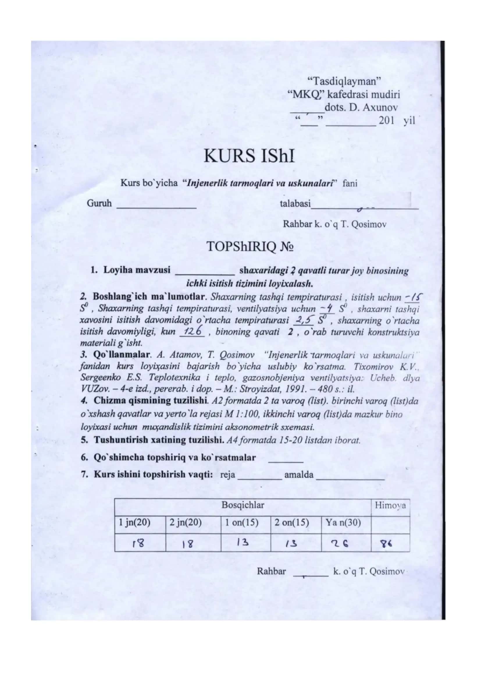 Muhandislik tarmoqlari va uskunalari fanidan KURS ISHI 2