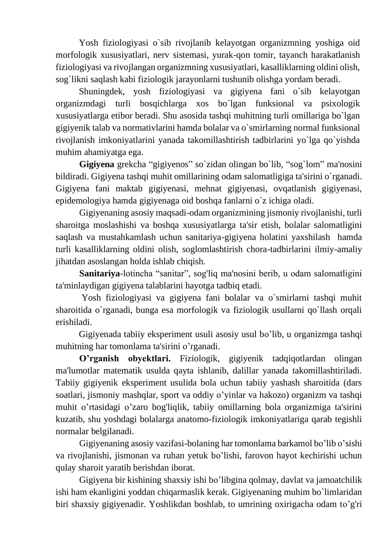 Yosh fiziologiya va gigiena fanining maqsadi va vazifalari. Bolalar va o‘smirlar o‘sishi hamda rivojlanishining umumiy qonuniyatlari. Yoshlik davrlari 2