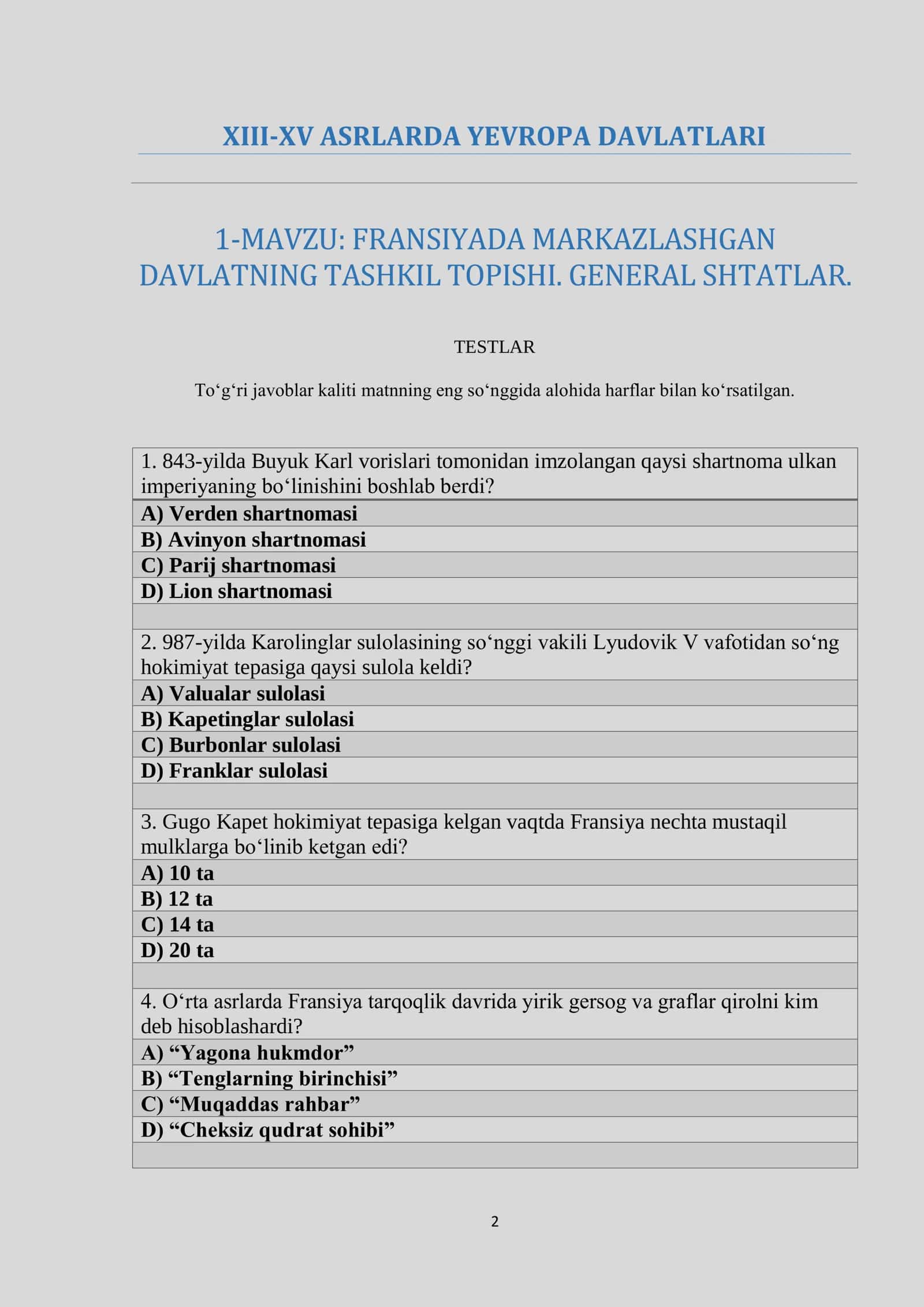 Testlar. 8-sinf Jahon tarixi (1-6 mavzular) 2