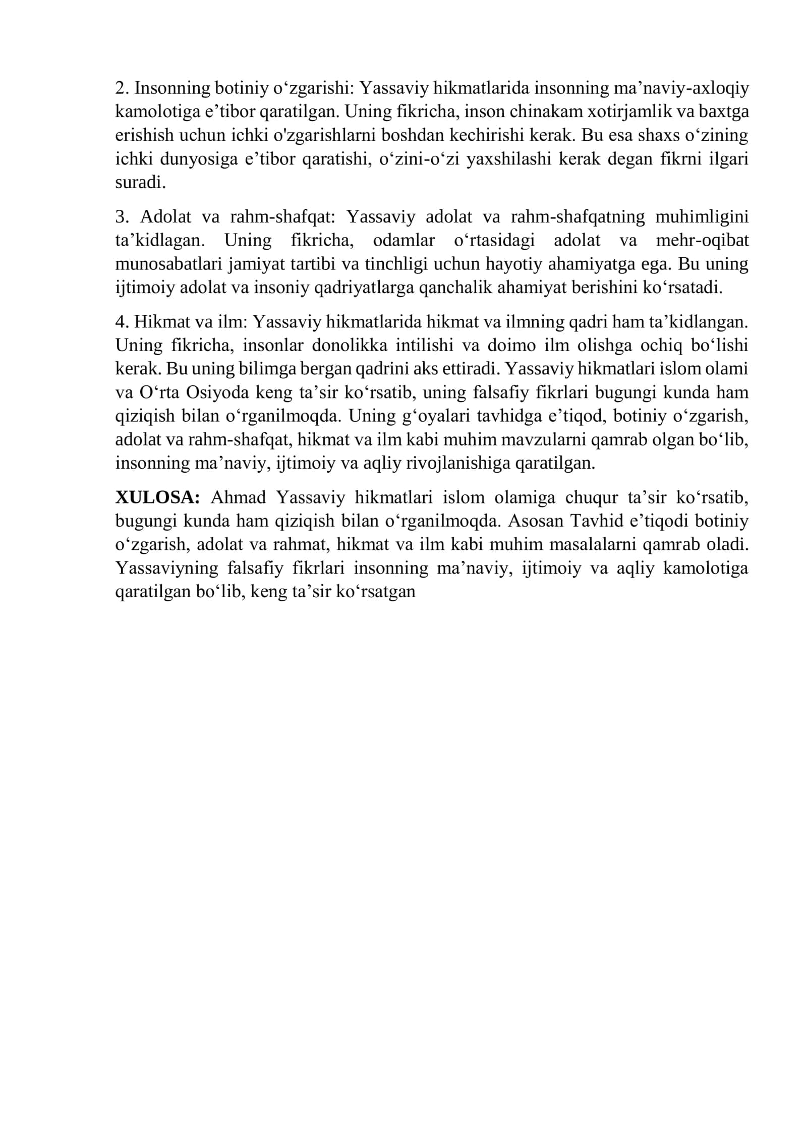 Falsafa fanidan Xoja Ahmad Yassaviy Devoni hikmatlari hamda hadislar mazmunini va tasavvuf g`oyalarini qo'shib yozilgan esse 2