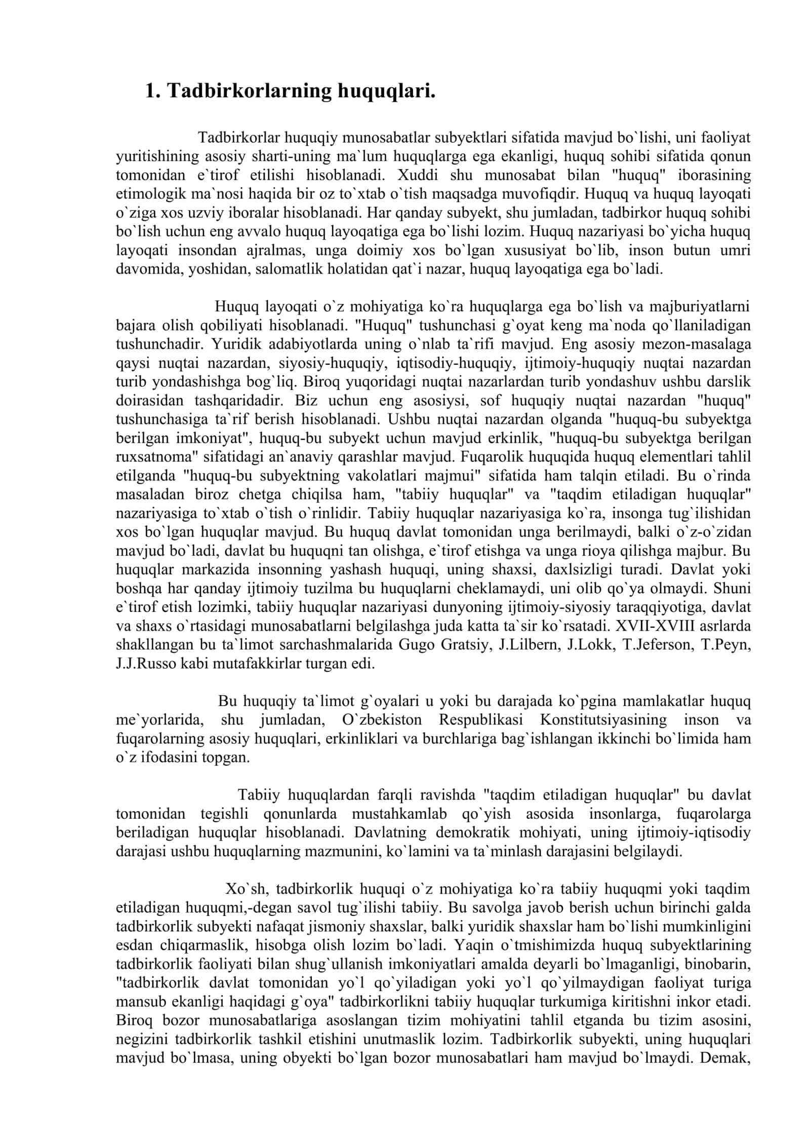 Tadbirkorlarning huquqlari, burchlari, javobgarligi va huquqiy kafolatlari 2