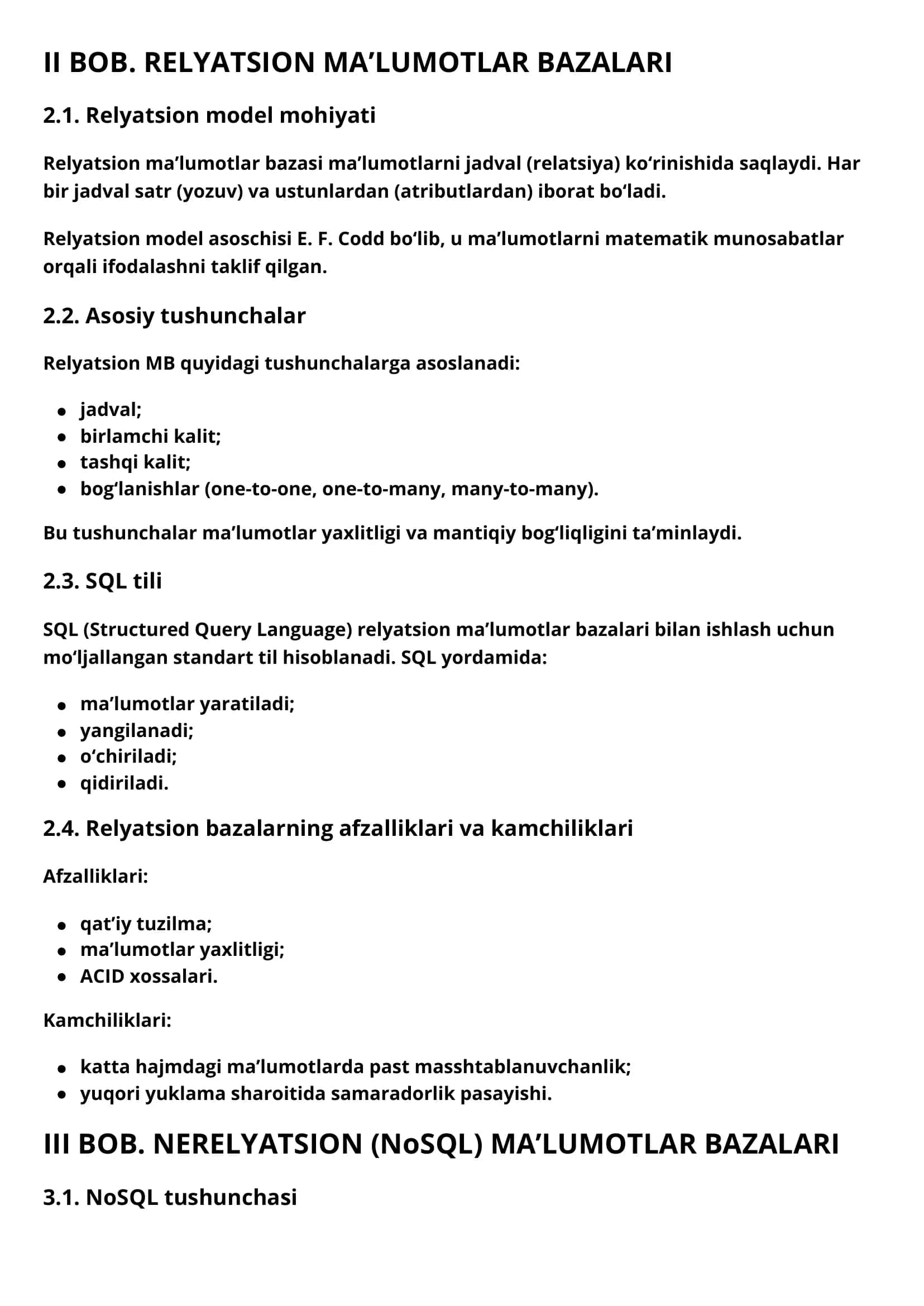 RELYATSION VA NERELYATSION MA’LUMOTLAR BAZALARI 2