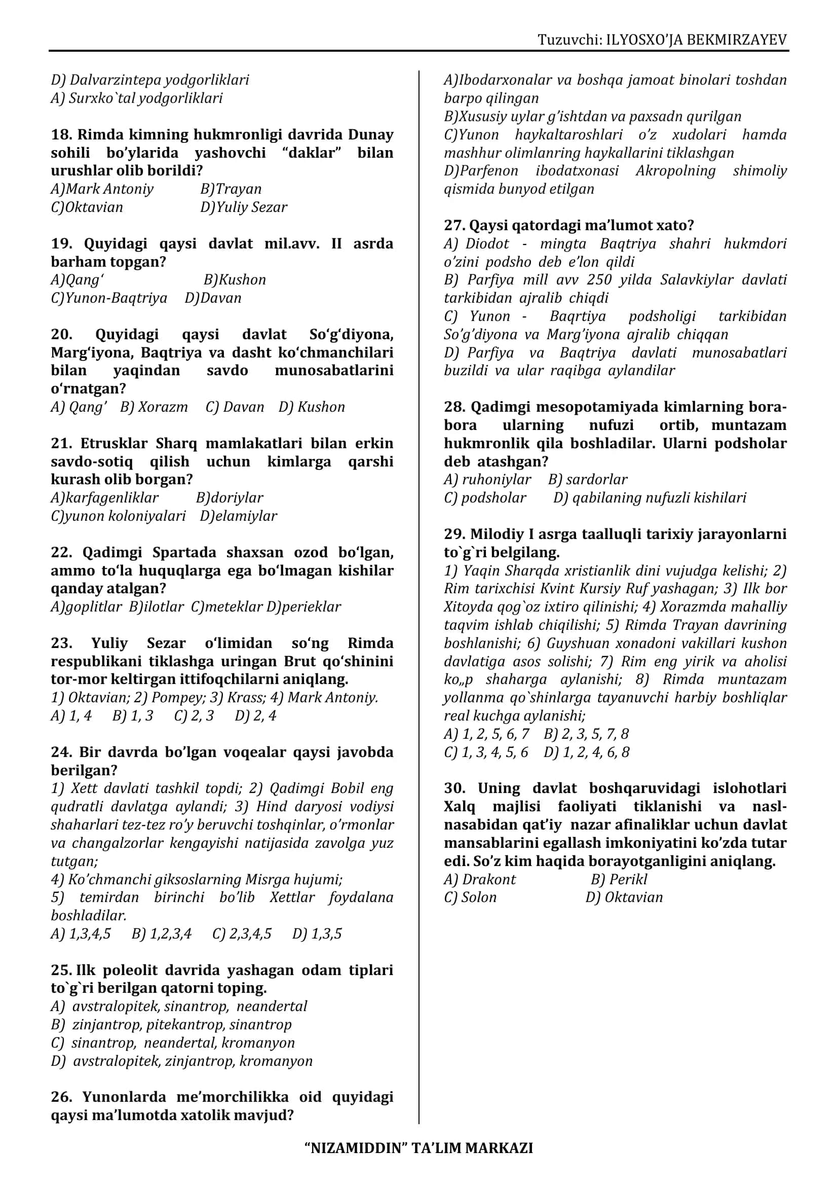 6-SINF BO’YICHA YAKUNIY SINOV TEST 2