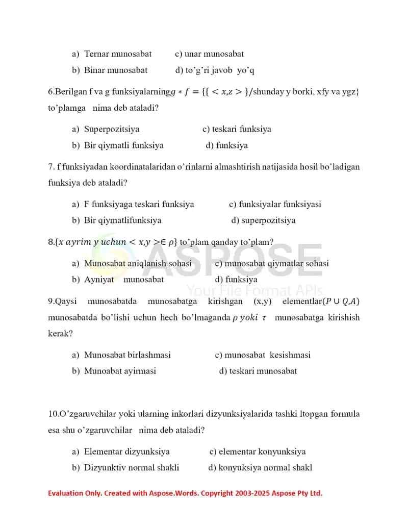 Diskret matematikadan testlar 2