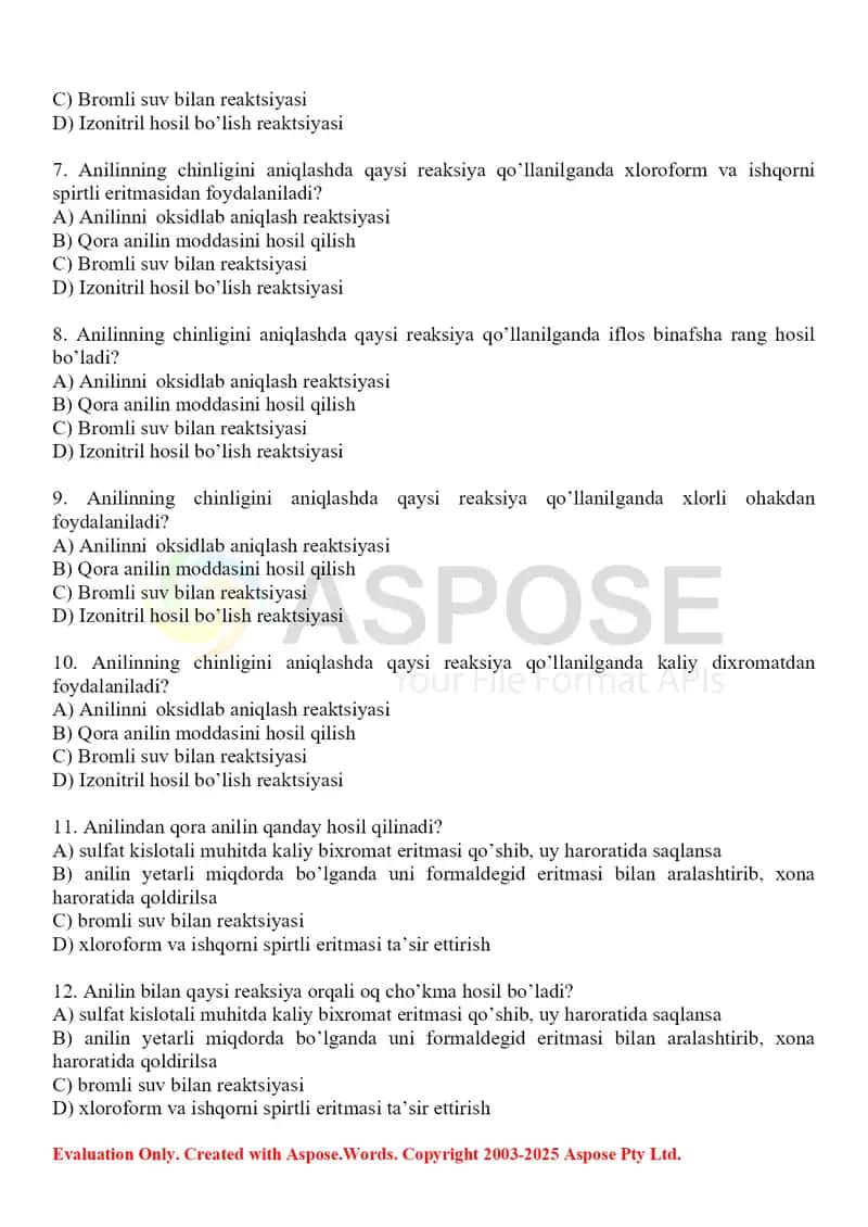 7. Anilin, toksikologik ahamiyati, ajratib olish va tahlil usullari. Test, 15 ta. 2