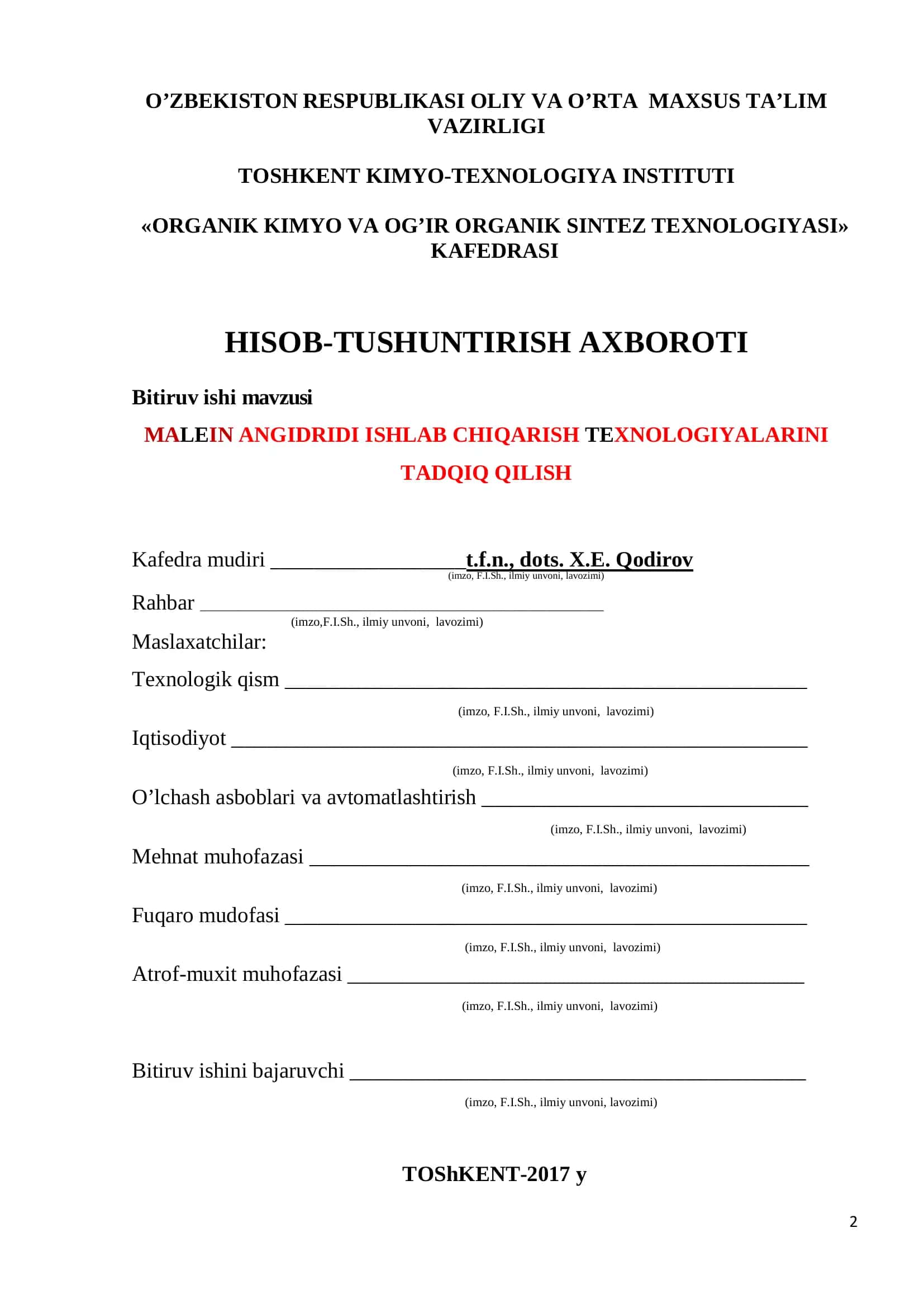 BUTILEN ASOSIDA MALEIN ANGIDRIDI OLISh KIMYoSI VA TEXNOLOGIYaSI 2