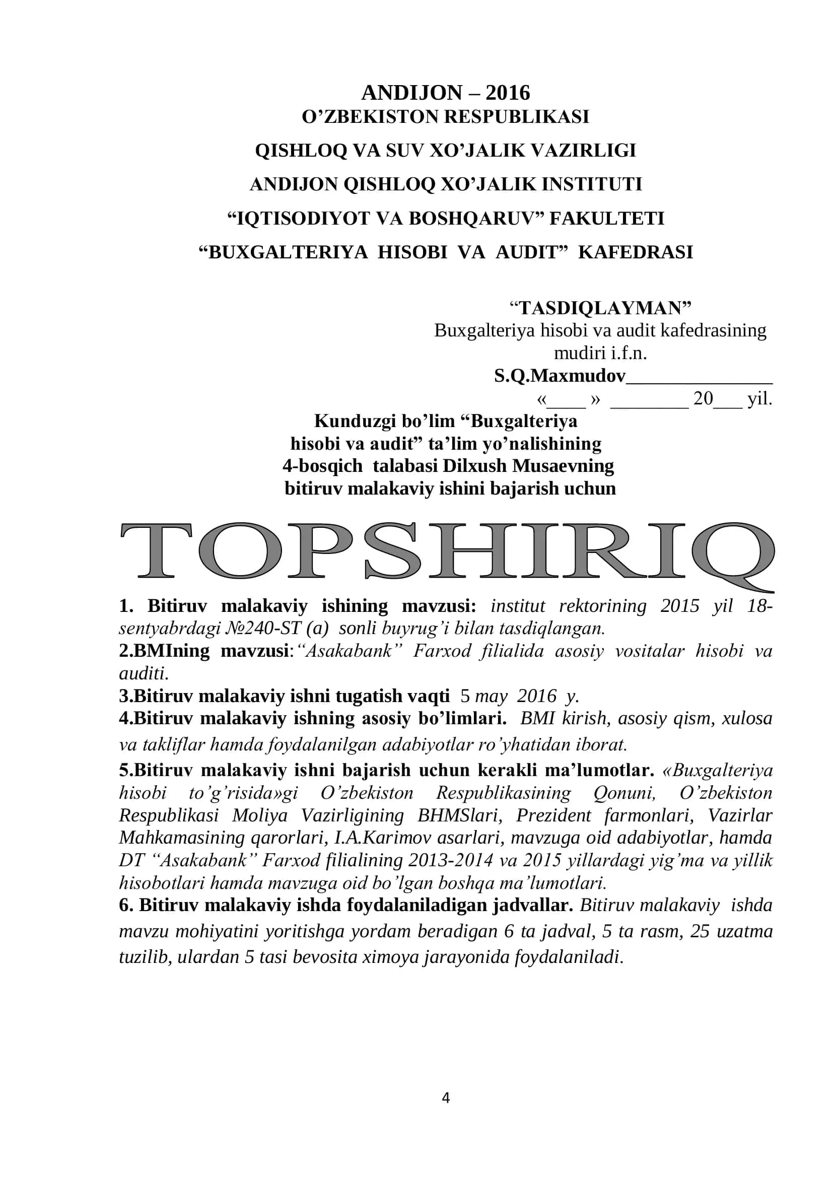 Mavzu: “ASAKABANK” FARXOD FILIALIDA ASOSIY VOSITALAR HISOBI VA AUDITI 2