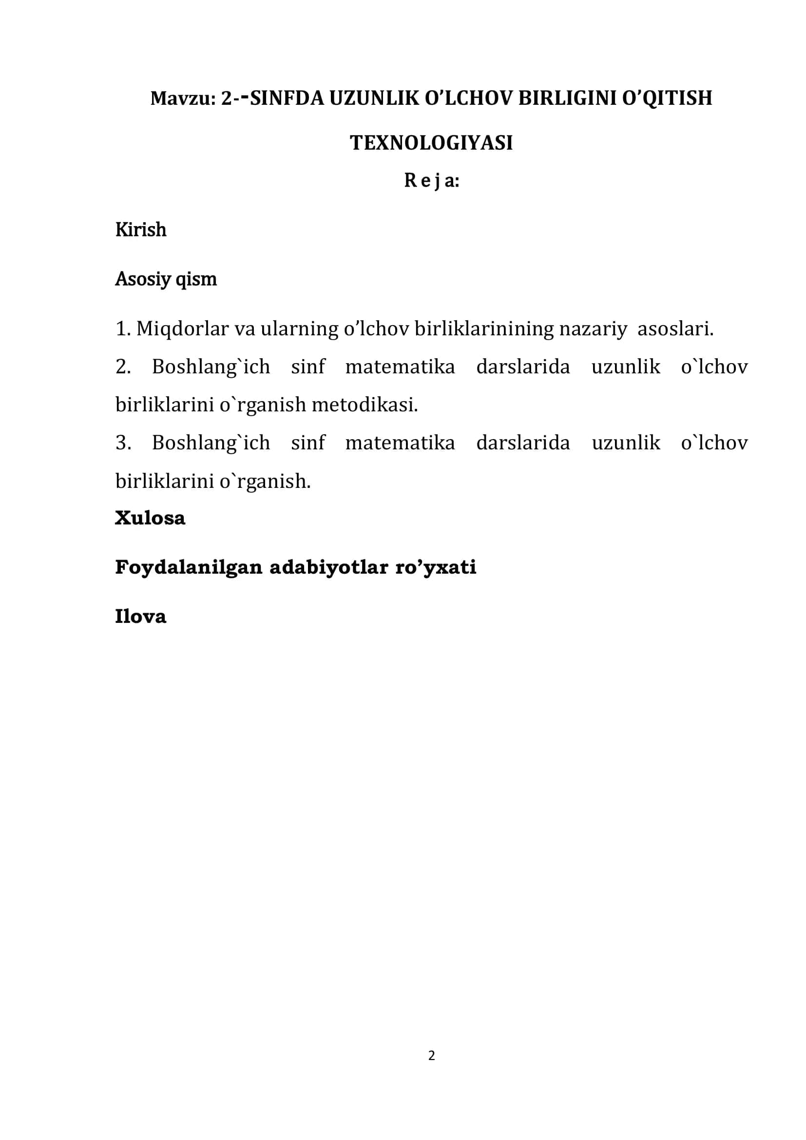 "2-SINFDA UZUNLIK O’LCHOV BIRLIGINI O’QITISH TEXNOLOGIYASI" 2