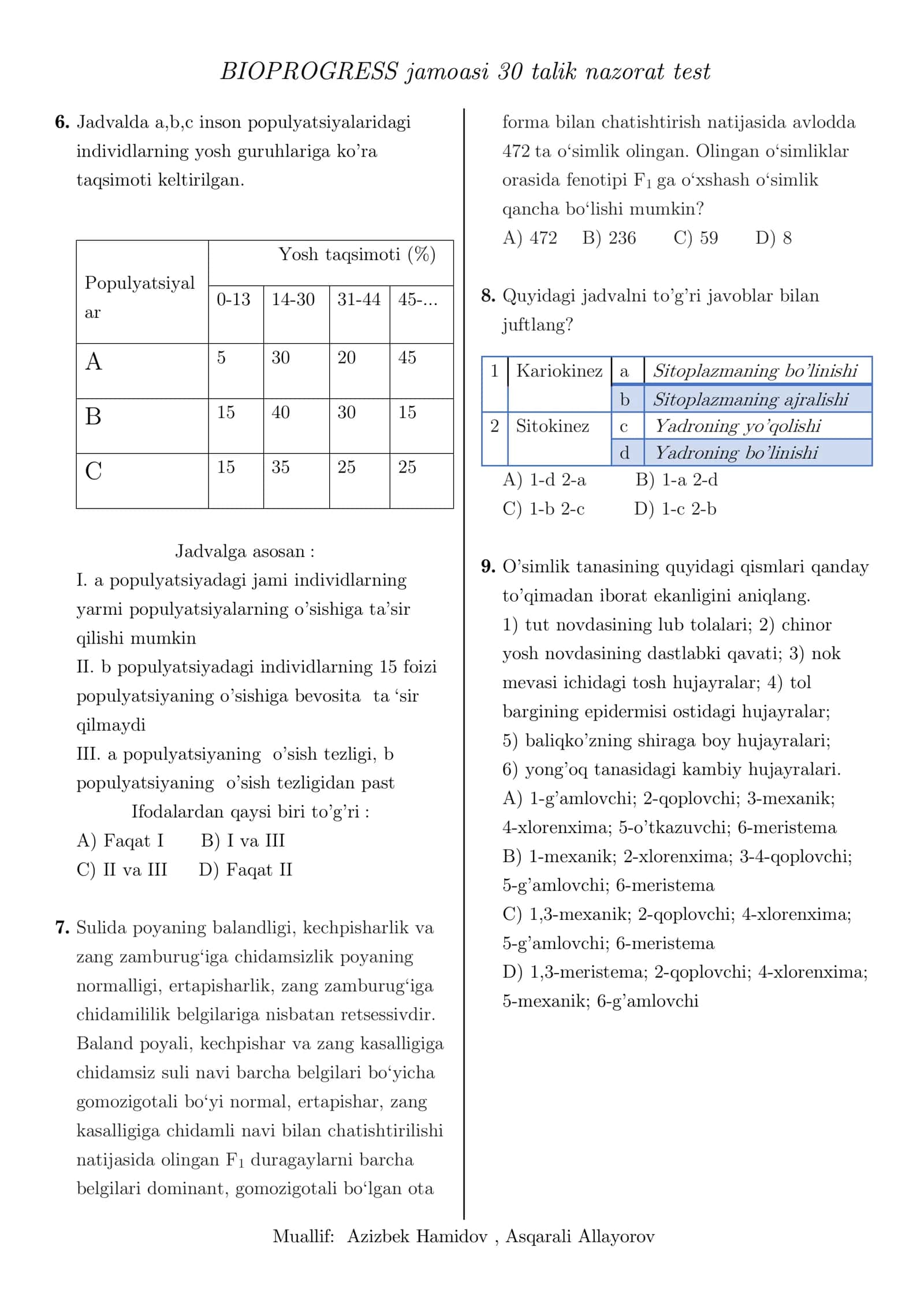 BIOPROGRESS jamoasi 30 talik nazorat test 2