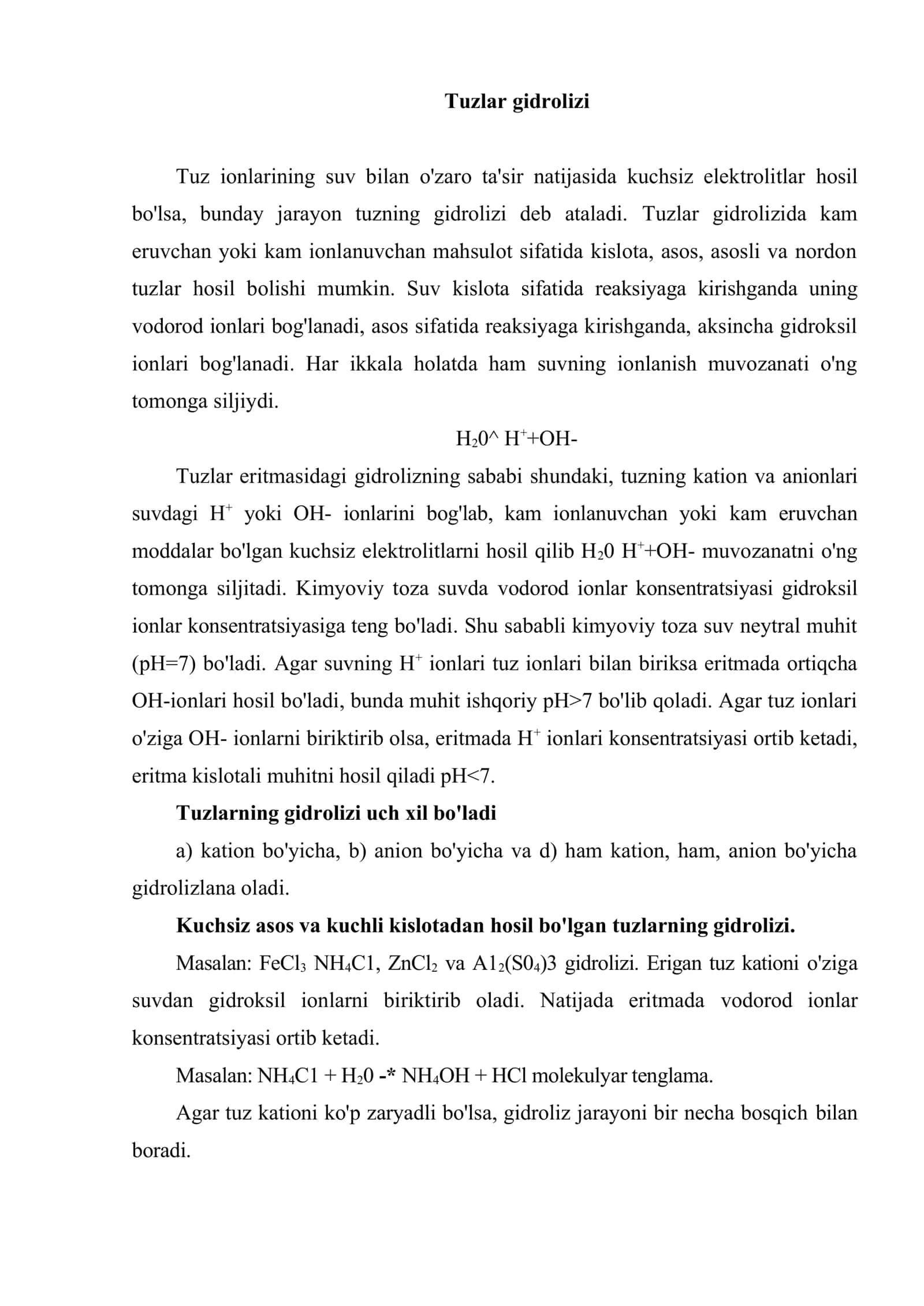 Tuzlar gidrolizi. Oksidlanish-qaytarilish reaksiyalari 2