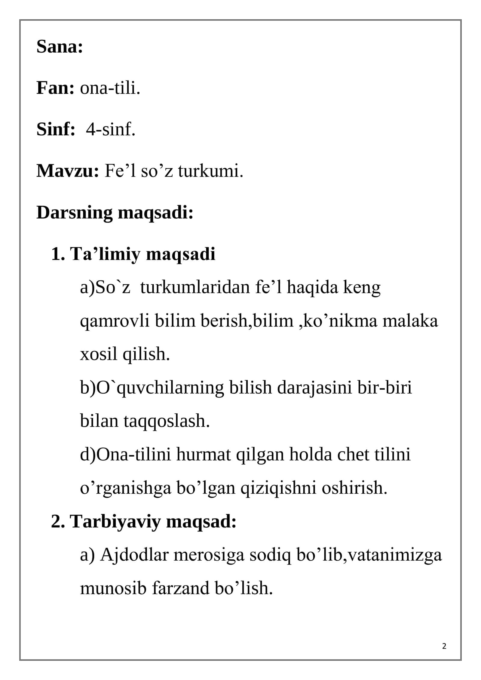 4-sinf Ona tili dars ishlanma. Fe'l so'z turkumi 2