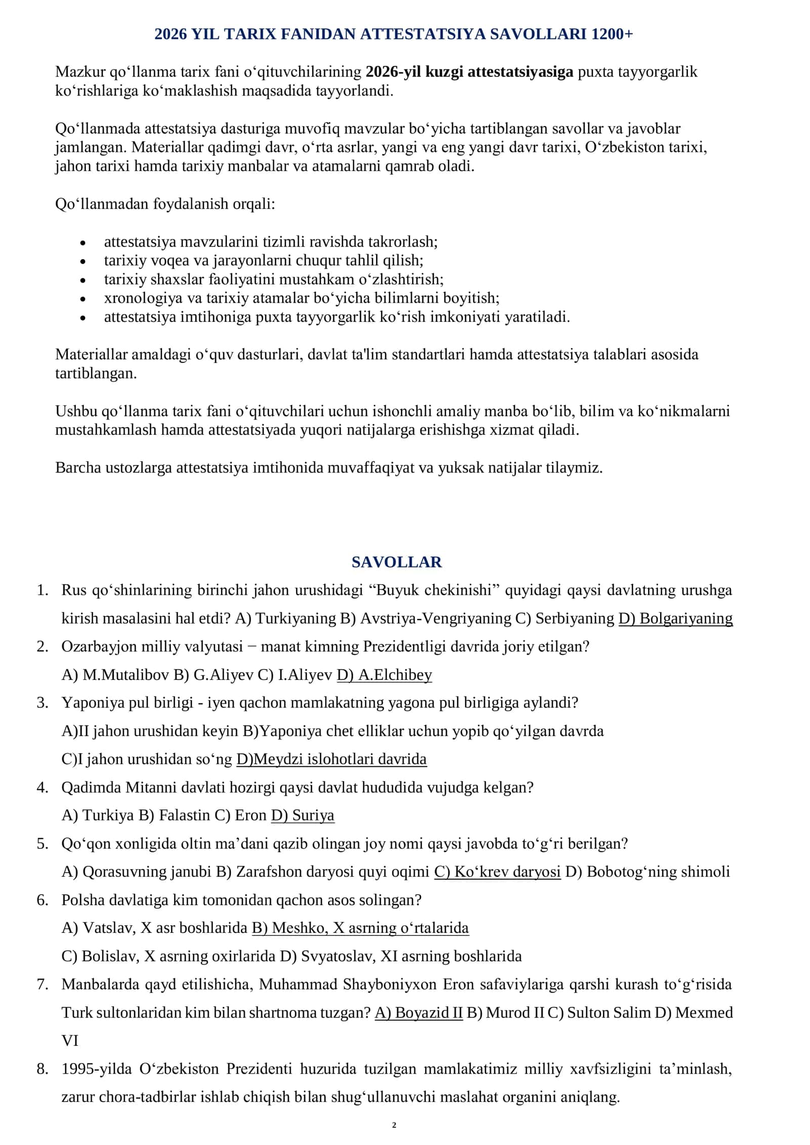 2026 YIL TARIX FANIDAN ATTESTATSIYA SAVOLLARI 1200+ 2