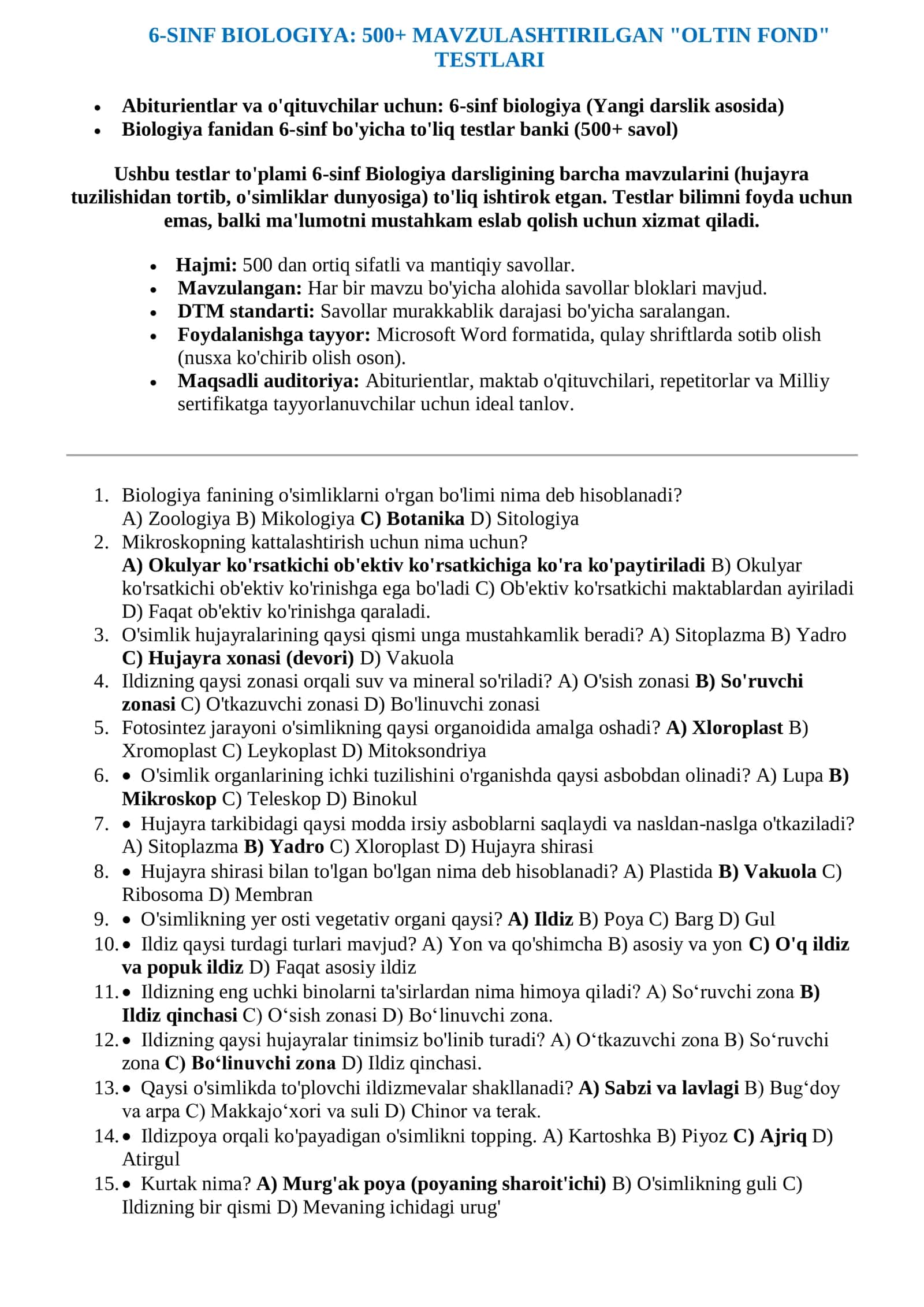 6-SINF BIOLOGIYA FANIDAN MAVZULASHTIRILGAN TESTLAR 500+ 2026 YIL 2