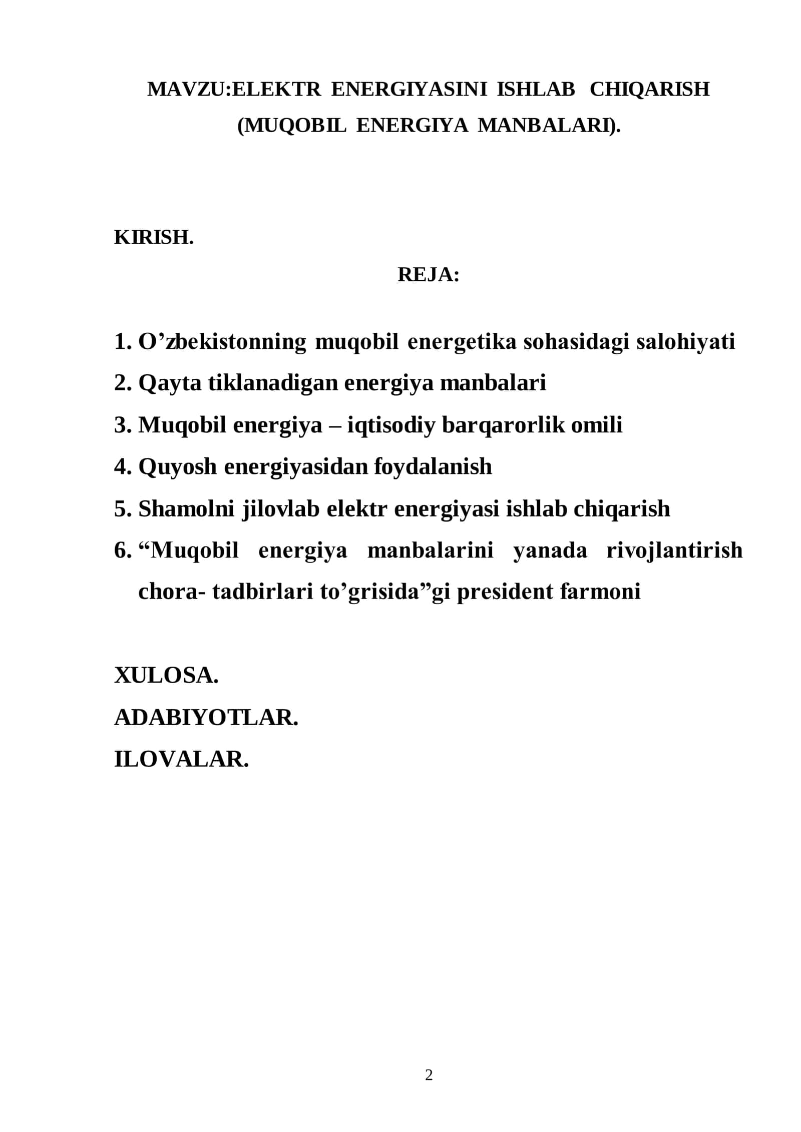ELEKTR ENERGIYASINI ISHLAB CHIQARISH 2