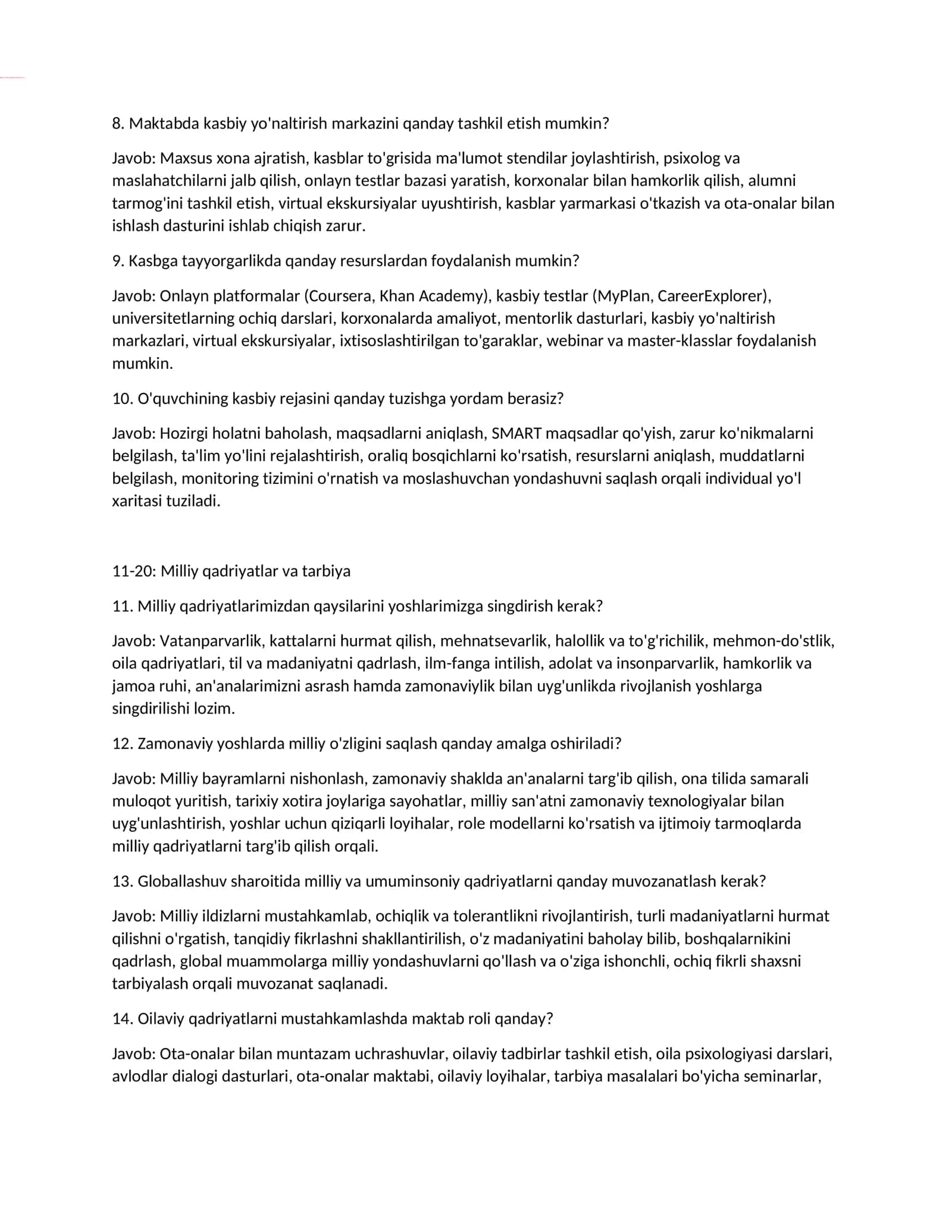 Maktab maslahatchisi lavozimi uchun imtihon savollari va javoblari 2