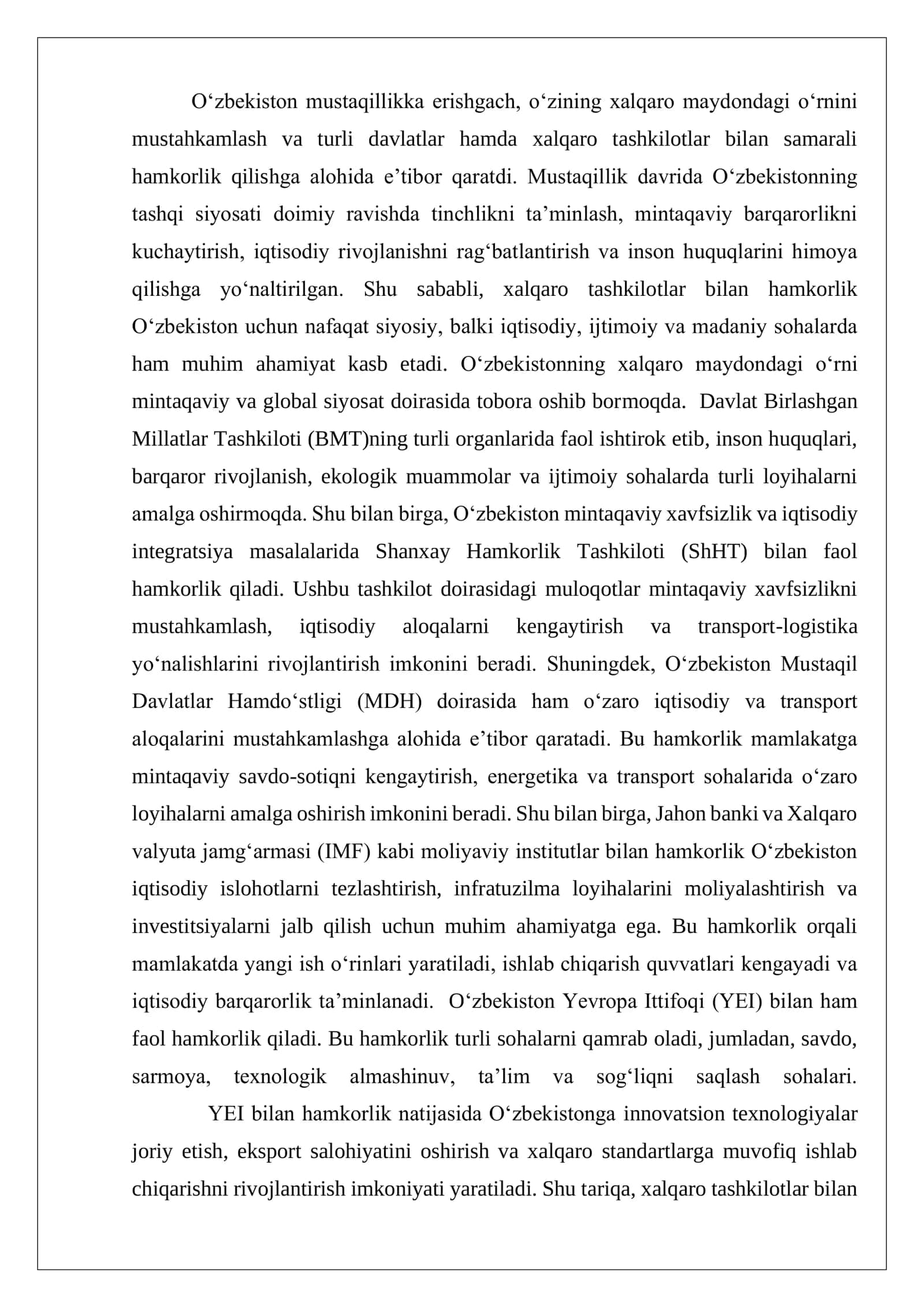 O‘zbekistonning xalqaro tashkilotlar bilan hamkorlik aloqalari 2