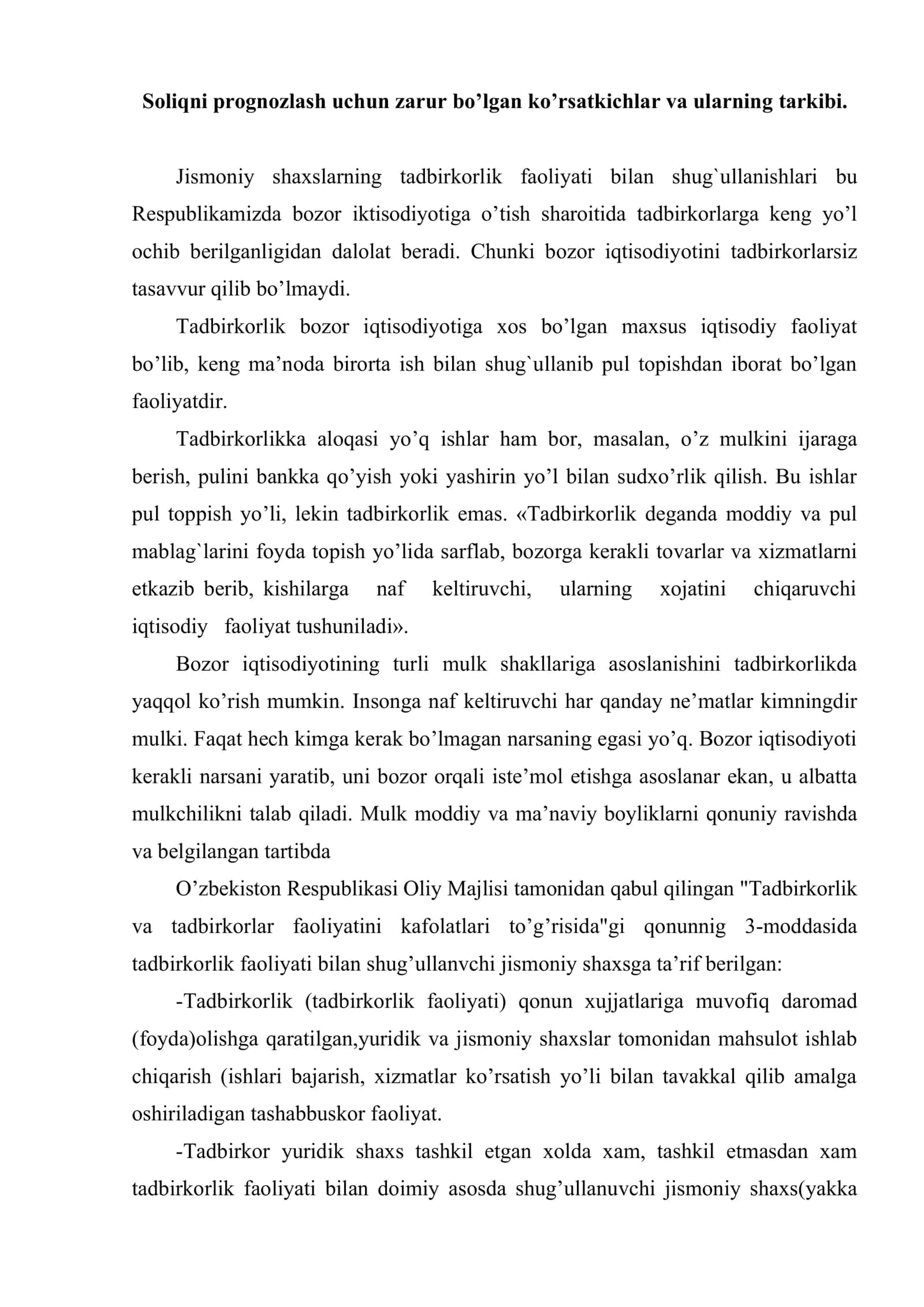 Tadbirkorlik bilan shug’ullanuvchi jismoniy shaxslar daromad solig’ini prognozlash 2